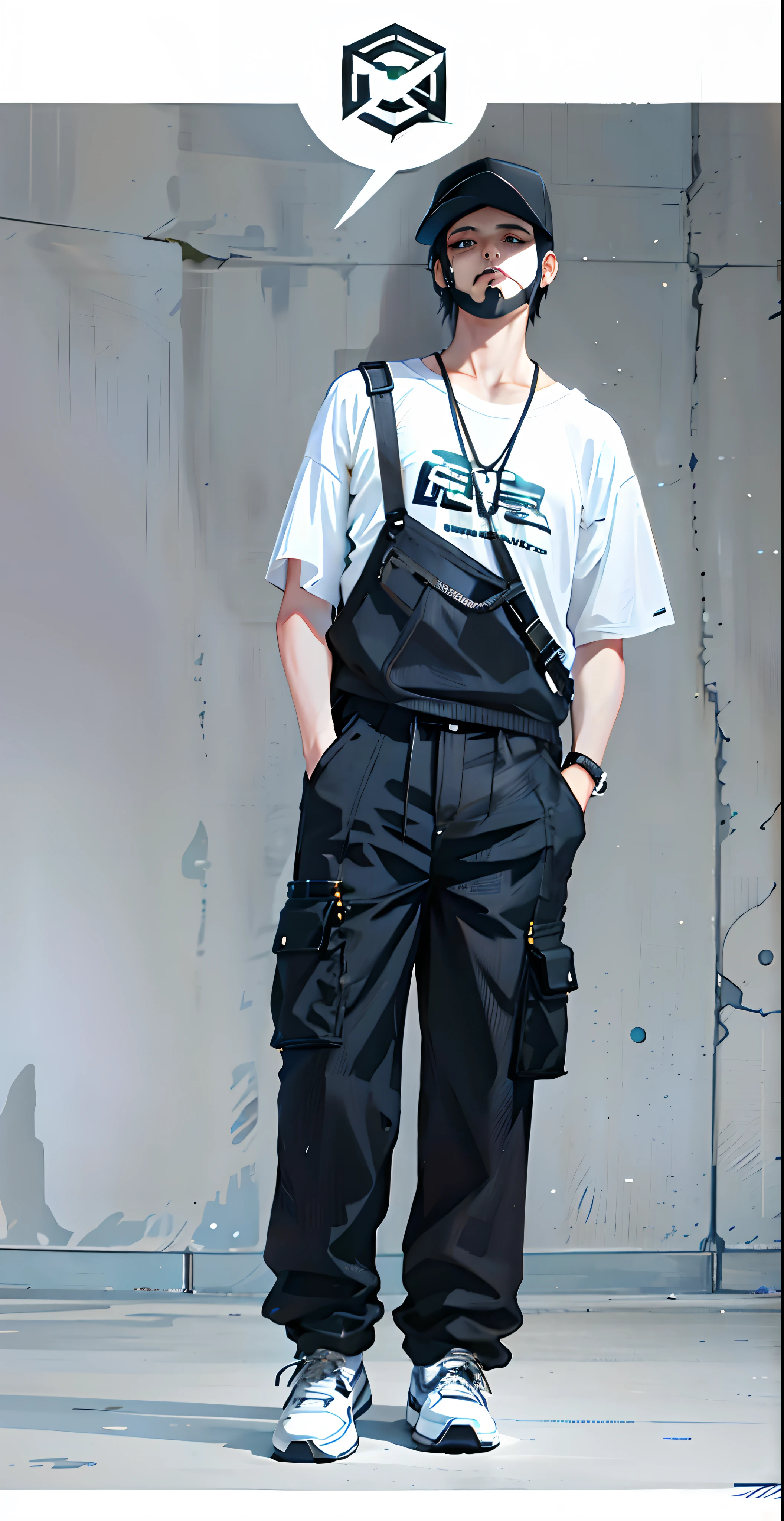 There was a man standing in front of the wall wearing a hat, wearing japanese techwear, wearing space techwear, techwear look and clothes, techwear outfits, techwear fashion, techwear outfits, wearing urban techwear, cyberpunk streetwear, techwear outfits!! Intricate, wearing cyberpunk streetwear, cargo pants. Cyberpunk city, future techwear, casual streetwear