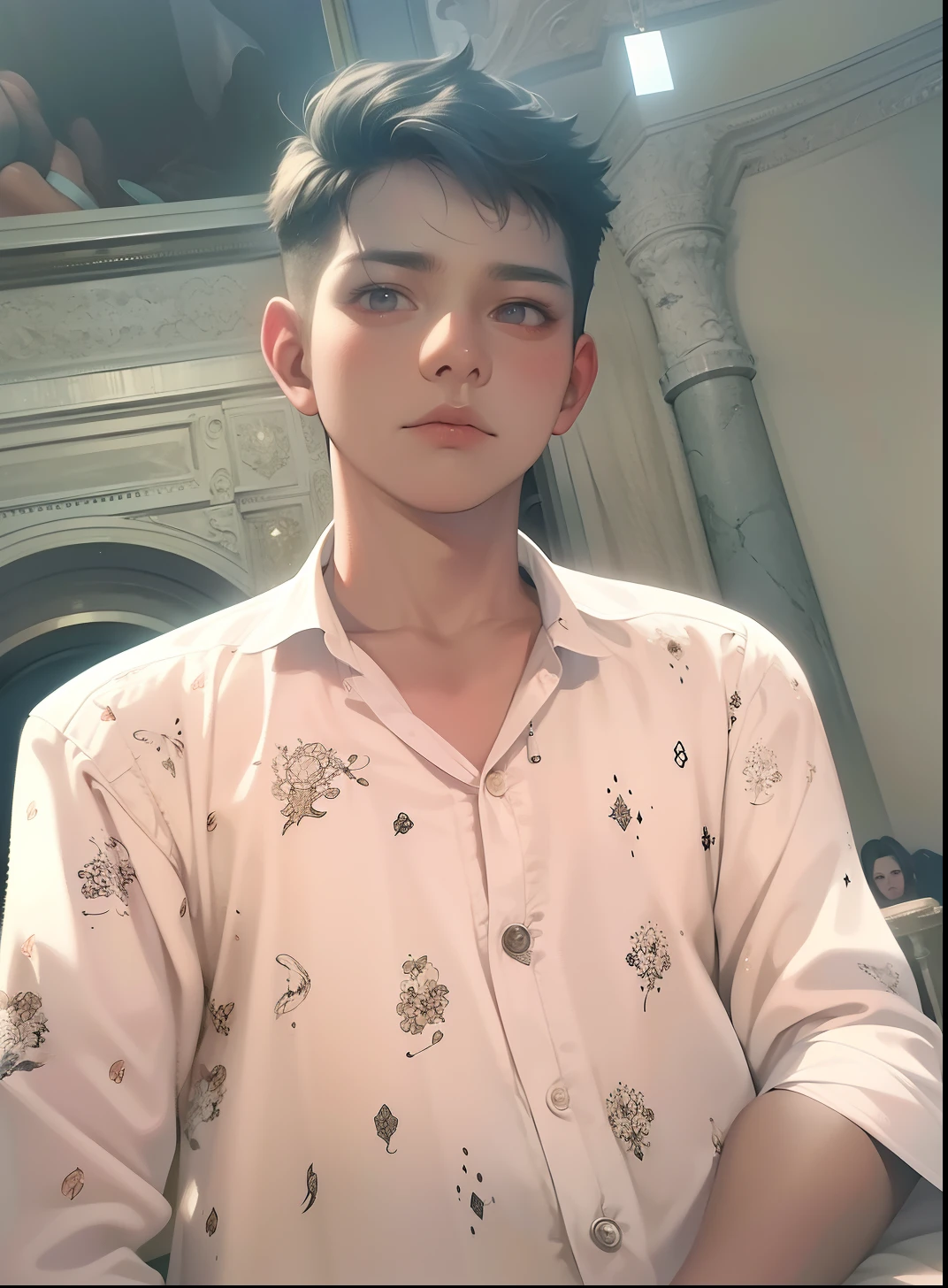 Masterpiece, Best Quality, Haunted portrait painting , a age boy , Ghoulish subject staring back, ghostly aura, unsettling mix of lifelike and spectral , 8k, UHD, HDR
