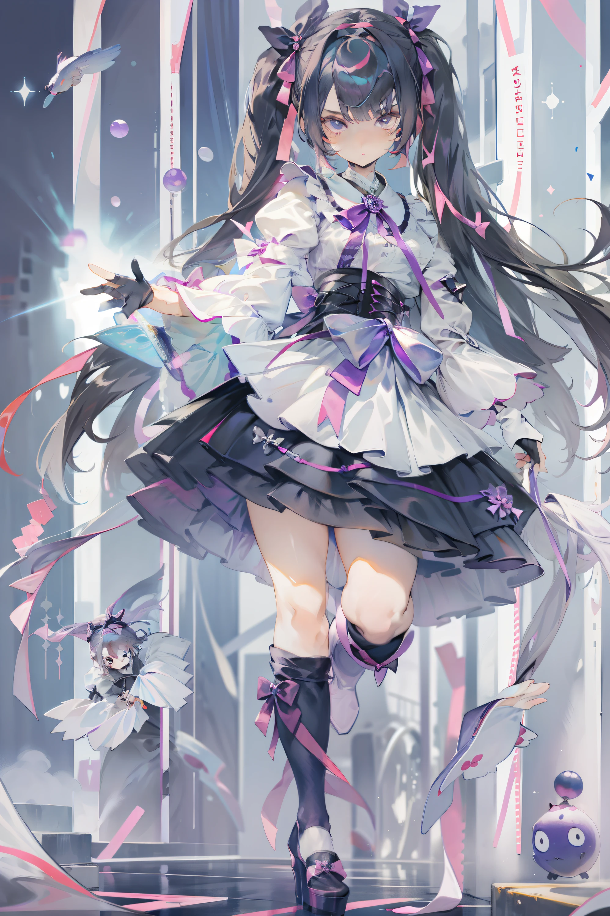 masterpiece, best quality, (jirai_kei), 1girl, solo, black long hair, looking at viewer, dynamic pose, black hair, long VERY puffy sleeves, twintails, standing, holding pop, monochrome, blak hair bow, long dress, gray skirt, white blouse, black ribbon on skirt, pink hair ribbons, purple ribbons, mainly black pink purple white theme, platform footwear, long socks, cute ribbons everywhere, detailed jewel eyes, cute, adult, black training gloves, insane detail