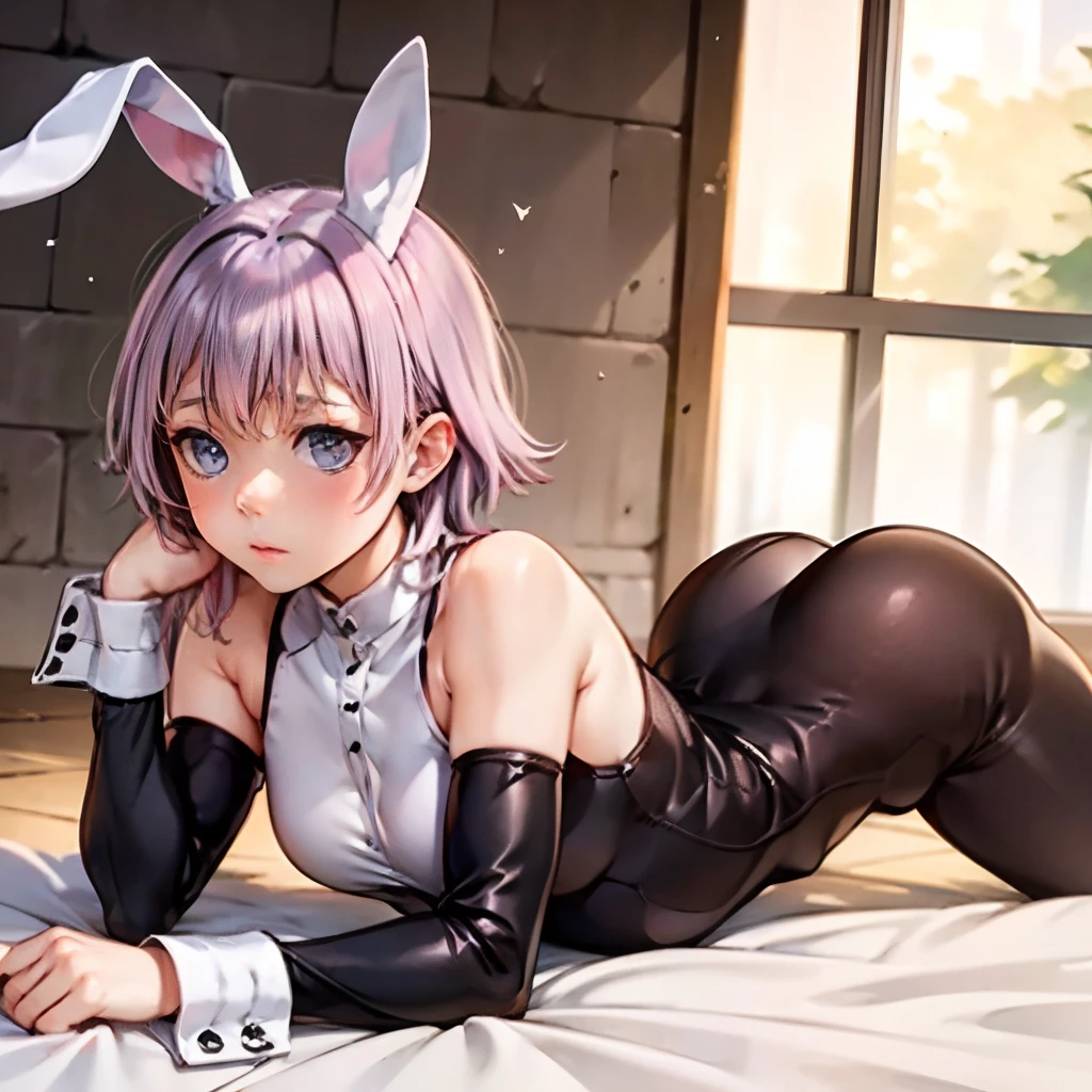Who has a cosplay bunny costume and and around him Hear flowers and be looking at the camera that looks good your body that looks good pictures of crona 2.5D Anime realisti that your face and your eyes that if it is well formed your hands that if they come out well formed is lying down has your butt up and has your hands on the ground is doing the jack-o pose that your legs come out well that you are lying down have your butt up have your legs open and your hands on the ground that the image comes out well