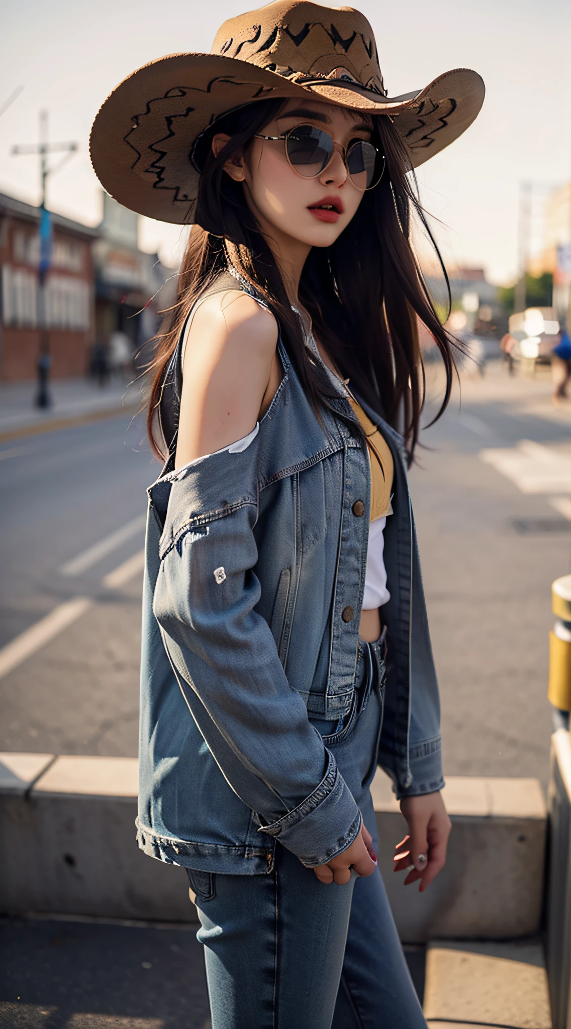 4K Ultra HD, Best quality, A girl, Good face, sun glasses, Detailed lips, Long hair, Straight hair, Wear denim clothing, Cowboy hat, Blurred background, Relaxed atmosphere, Full body capture,