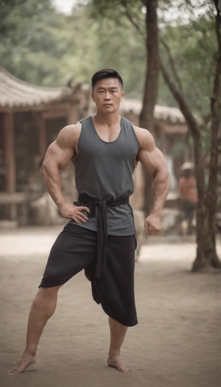 Asia man gymer wearing full vest , big muscle, height 190 cm, big shoulder, big muscle foot, (draww eye detail), (realestic)