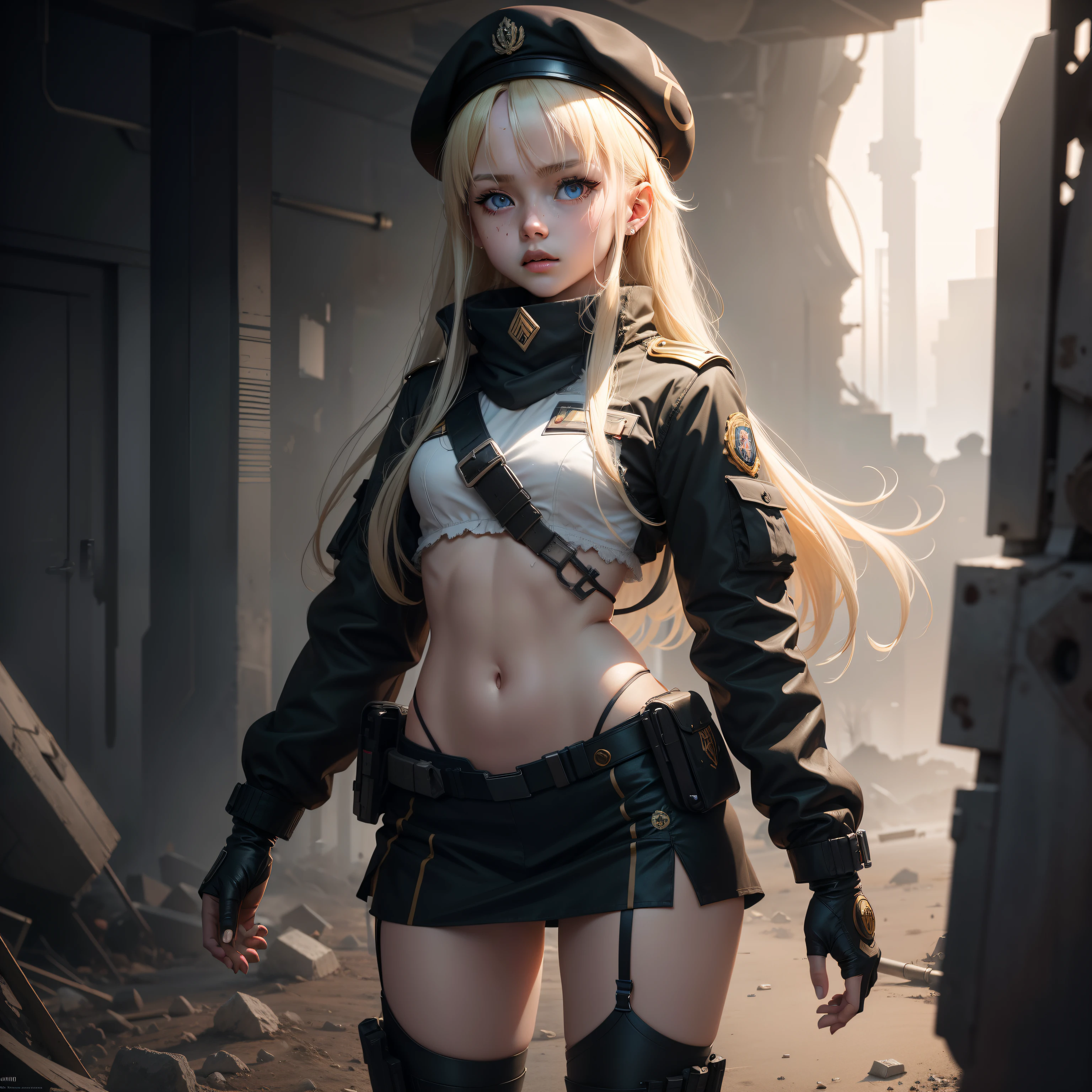 ukrainian girl , Ukrainian anime girls , , Ukraine ,  Full body composition of young girl with messy bright blonde hair, eye make up, ,  Soft lighting, Solo, Old torn dirty shabby futuristic military uniform, badges, Pose, Blotch color, Octane Render, Hyperrealistic intricate detail, Cinematic, 8K resolution, 70mm, Accent Lighting, Global Illumination, Full body portrait, clean detailed faces, intricate clothing, Cute face, flat chest, Slim waist, Slim legs, small hips,Special Forces Clothing,beret,Chest exposed,