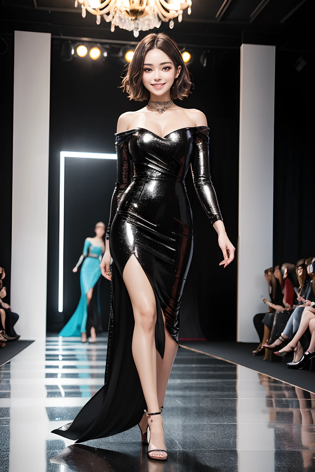 1girl in, (Smile:1.6) ,stunningly beautiful girl, full body Esbian,Haute_Couture, designer dress, high-heels,high fashion, dynamic ungle, fashionshow, (Indoor runway:1.4),Long shaped face, beautiful countenance, darkred eyes, Sandy Blonde Side Sweep Hair, Short hair, Long ringlet, catwalk,Red carpet,Colorful confetti, Vivid colors, masutepiece, Best Quality, absurderes, Highest Quality, Amazing details, 8K, Aesthetic,Perfect Lighting,