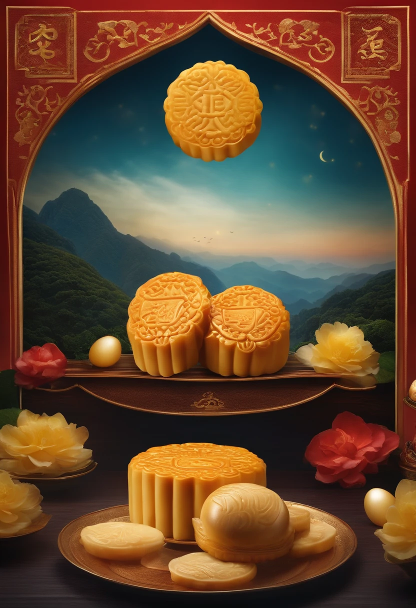 Commercial shooting, Cantonese 1 egg yolk mooncakes, Mooncake size big, poster for, Fresh style background, elegant, Booth lighting, Attractive, photorealistic colors, Ultra HD