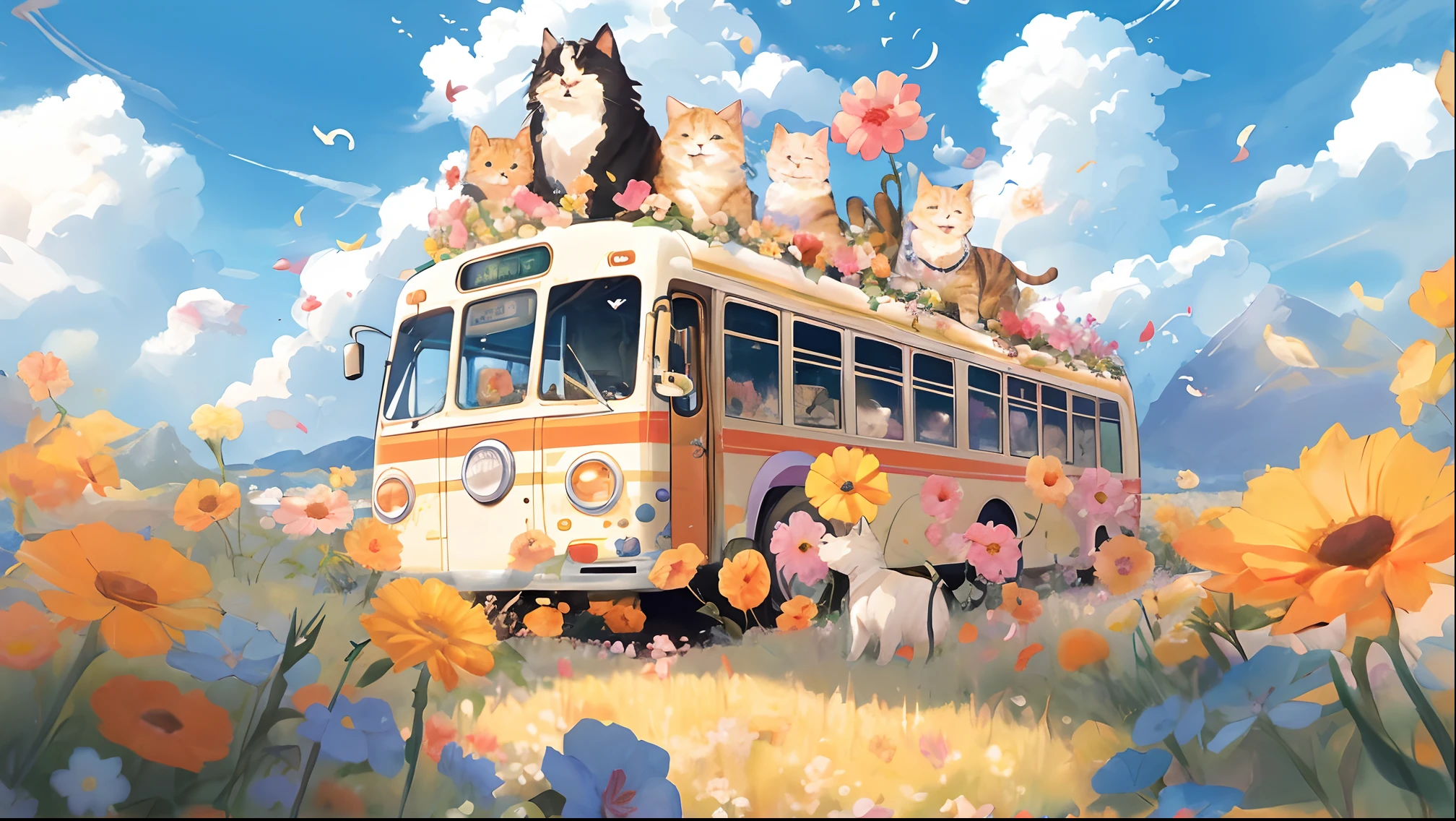 anime big breast, Bus, Cats, Flowers, sky, Clouds, Flowers, Cats, Bus, Cute detailed digital art, by Yang J, author：Lee Jeon-suk, author：Ryan Yee, By Ni Duan, adorable digital art, cute detailed artwork, lovely art style, by Kubisi art, Full of flowers, haruhi, author：Golden Farmer, cute artwork