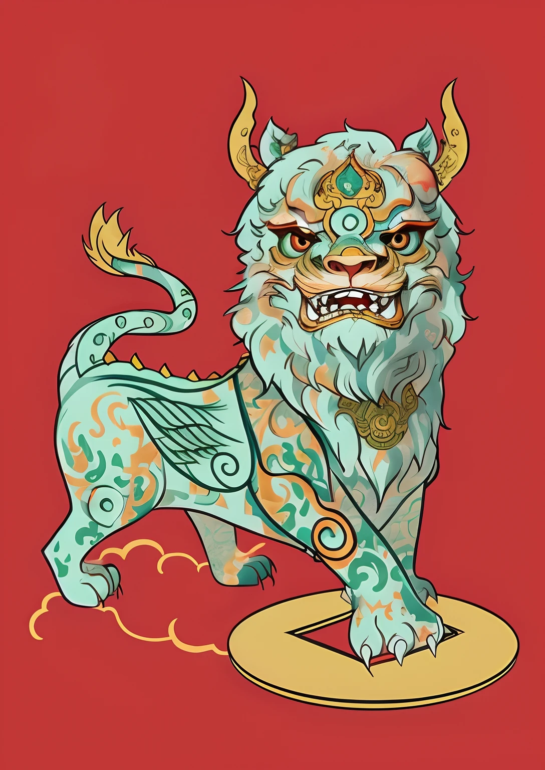 Cartoon drawing of lion on red background, asura from chinese myth, Akira in Chinese mythology, colored illustration for tattoo, cyan chinese dragon fantasy, ancient china art style, full-colour illustration, inspired by Luo Ping, inspired by Luo Mu, Oriental art style, inspired by Gong Xian, inspired by Tawaraya Sōtatsu