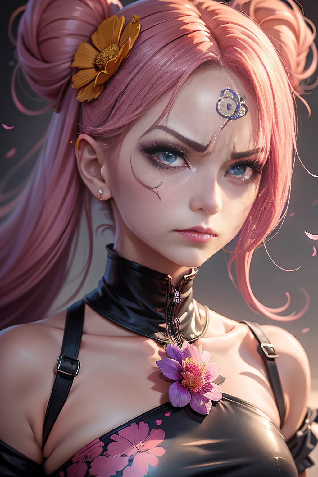 drawing of a woman with a flower on her face, anime styled, jojo anime style, detailed anime face, anime face, hisoka, highly detailed angry anime face, anime inspired, face anime portrait, angry look, stern look, pretty anime face, yayoi kasuma, anime style character, anime style portrait, portrait of hisoka hunter hunter