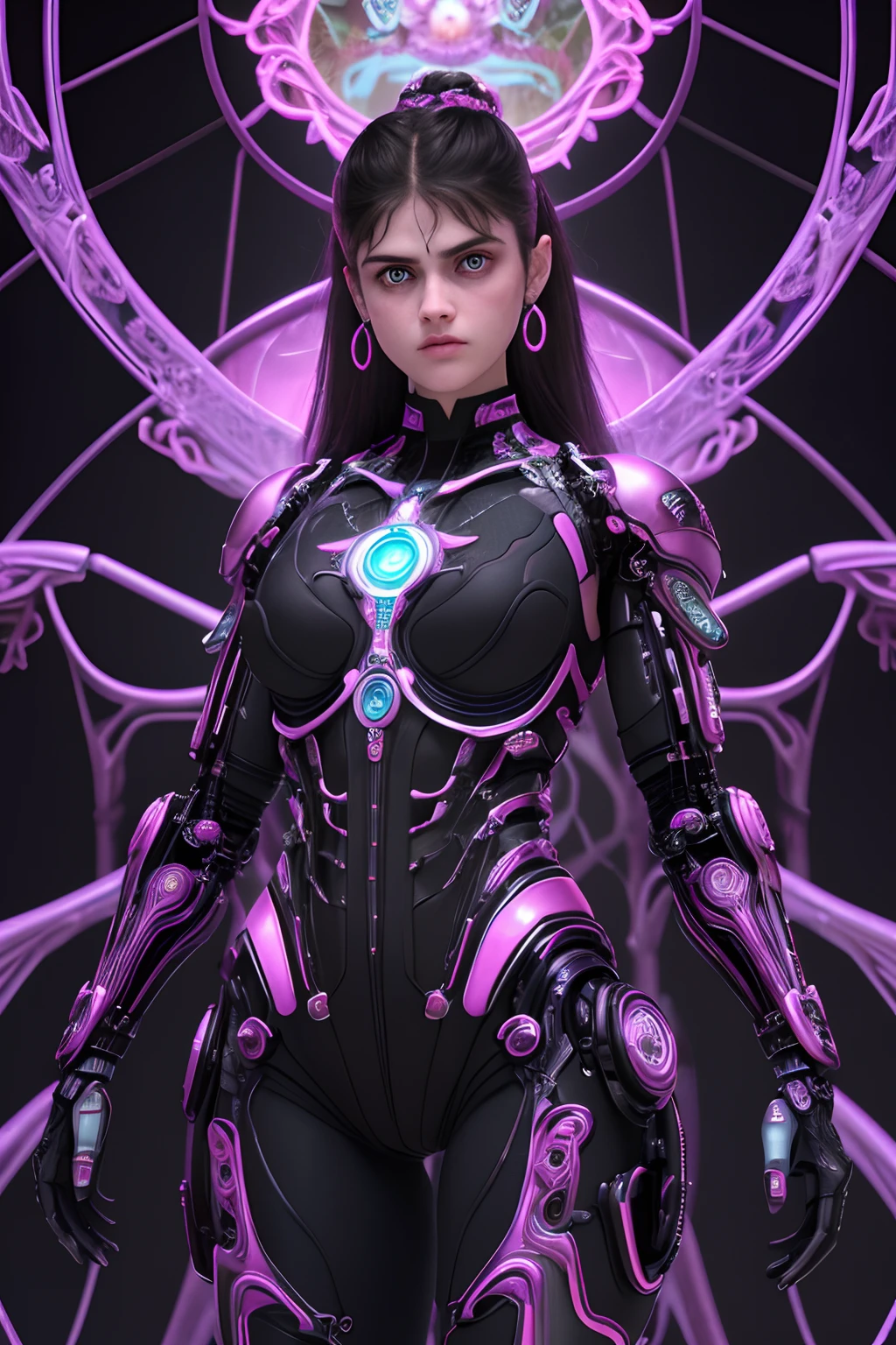 complex 3d render ultra detailed beautiful preteen Alexandra Daddario. death angel, biomechanical cyborg, analog 150 mm lens, beautiful natural soft rim light, neon vein, roots, fine foliage lace, colorful details, Boris Bidjan Saberi outfit, pearl earrings, piercing, art nouveau fashion embroidered, intricate details, mesh wire, mandelbrot fractal, facial muscles, cable wires, microchip, badass, hyper realistic, ultra detailed, octane render, volumetric lighting, 8k post-production, pink and purple with a lot of black, detailled metalic bones, semi human, iridescent colors, Glenn Brown style, futuristic room, power of the god, high-angle shot, complex body poses