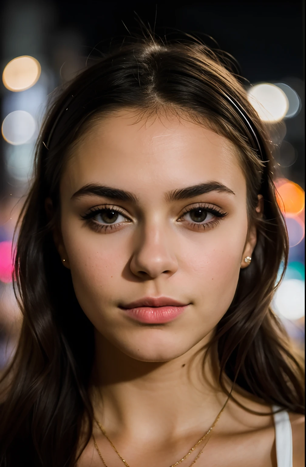 Foto de Instagram, Close-up photo of the face of a young French woman dressed, Cara hermosa, maquillaje, Calle de la ciudad nocturna, Bokeh, Desenfoque de movimiento