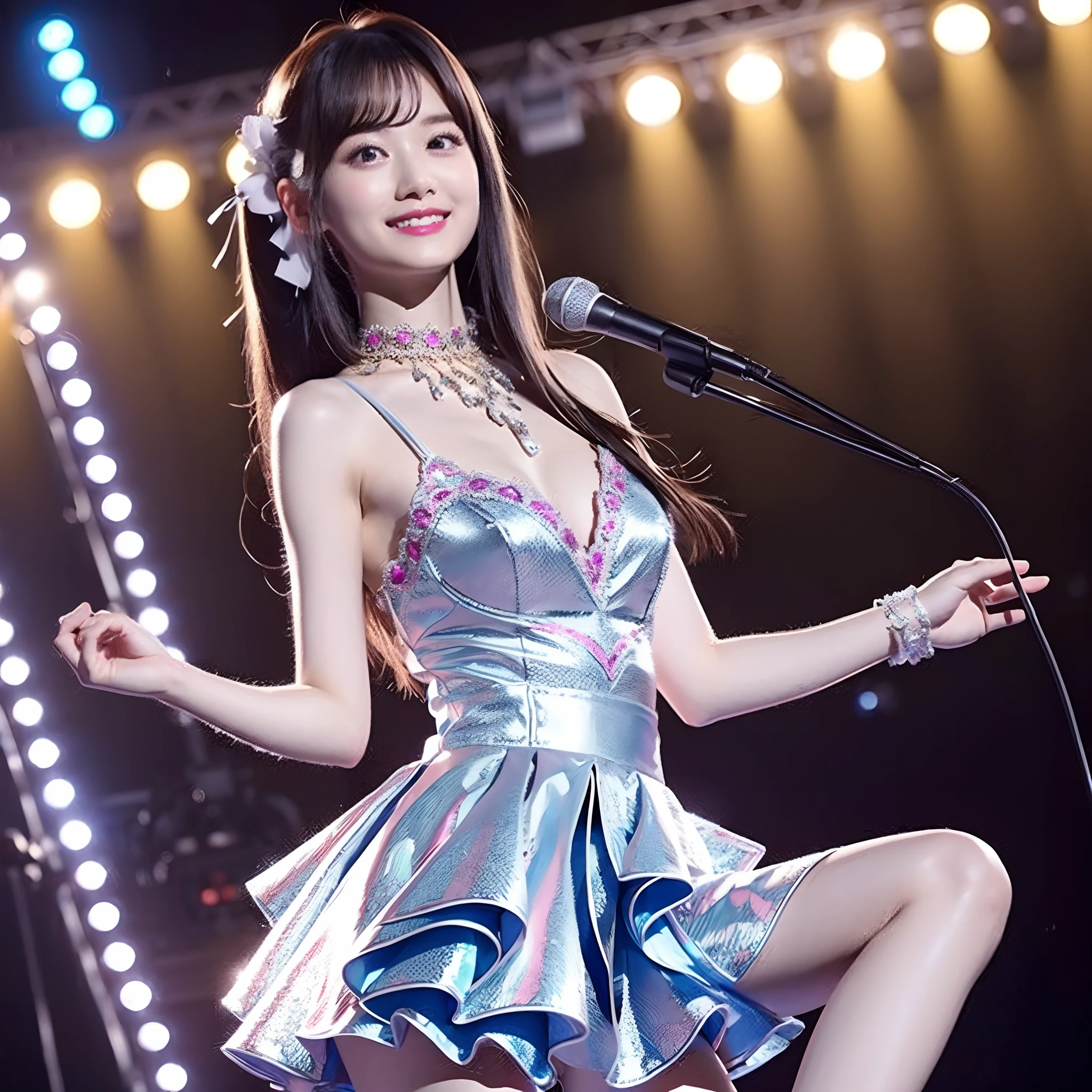 Illustration, cinematic light, high resolution, best quality, ultra detailed, detailed face, (detailed eyes), highest quality, ultra detailed, masterpiece, (detailed face), pretty face, best smile, sexy mature woman transparent (ultra-detailed embroidery and ribbons, idol outfit: 1.5), ruffled miniskirt, cloth, choker, open cloth, NSFW, high heels, blue eyes, neon small shiny hair edges, AI fantasy concert, glowing lighting with neon details, idol, (live stage: 1.15), (holding the microphone with left hand singing: 15), singing with butt sticking out: 5, (to a packed audience in the background), light reflection, heart-shaped iris, playful eyes, open shoulders, (wet body), small shining butterfly, hair jewelry, panties, cute panties: 1.5, 18 years old, Nogizaka idol, Actress, Korean Idol, Gravure Idol