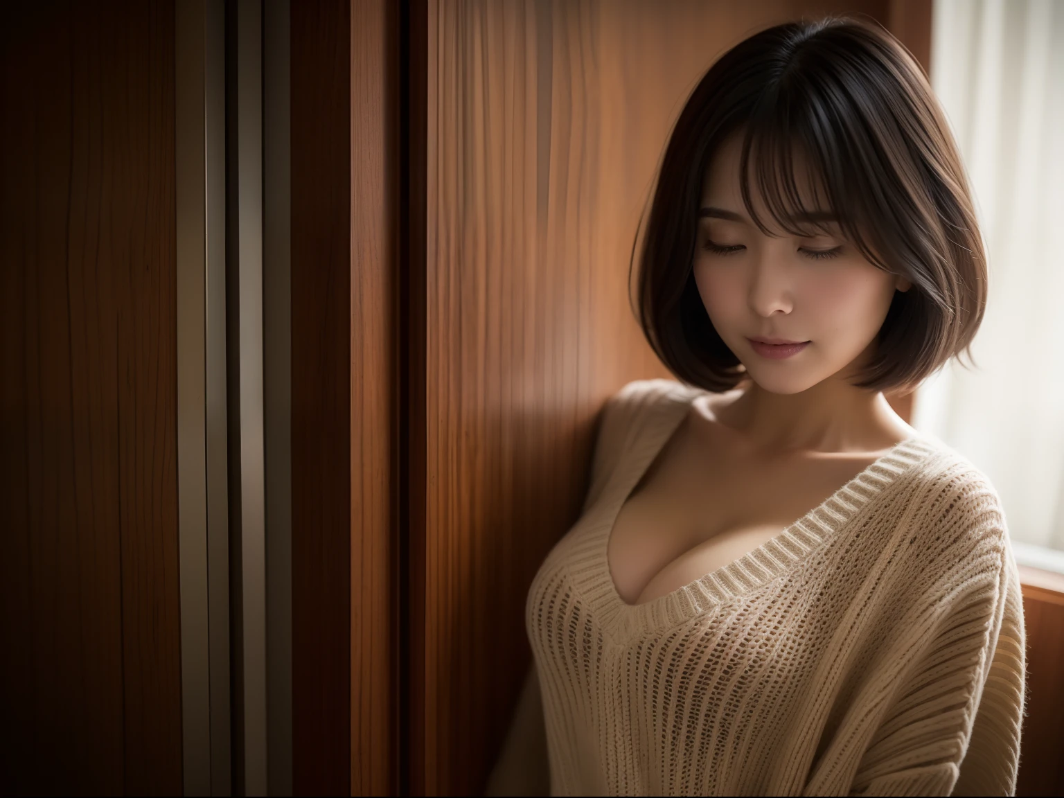 hightquality、a picture、realisticlying、daily、Advanced depth of field、short-hair、a secretary、Dark bathroom、Standing in front of the door、Light coming in from behind、Oversized sweater、Light sweater、see -through、Rubbing the left breast with the left hand、large full breasts、Only the left shoulder is visible、A sexy、Soft udder、wide open valley、The lower part of the body is bare、Open mouth slightly、eyes looking down.、 are slightly visible、