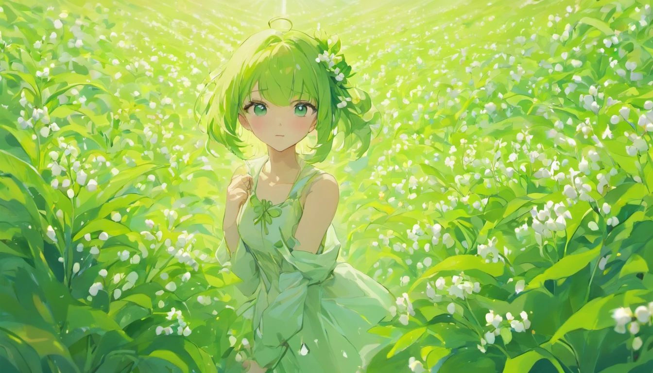 Beautiful portrait of a beautiful  girl in Lily of the valley field, Full body, Science fiction,Accessories for shoes、 A detailed eye, Art Station, Sharp Focus, Photorealsitic, 35 mm, Ultra Detail, 4 k, radiant light