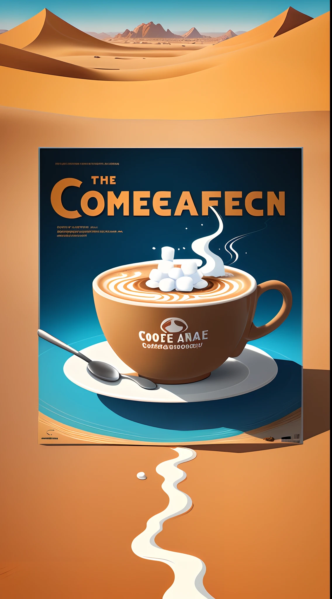 Best quality, masterpiece, vector illustration, american comic style, coffee advertisement, advertisement poster, a cup of coffee, coffee liquid floating in mid air, mashmallow floating around the coffee, Sahara desert in the background, oasis, camel, blue sky, front view, eye level, 50mm