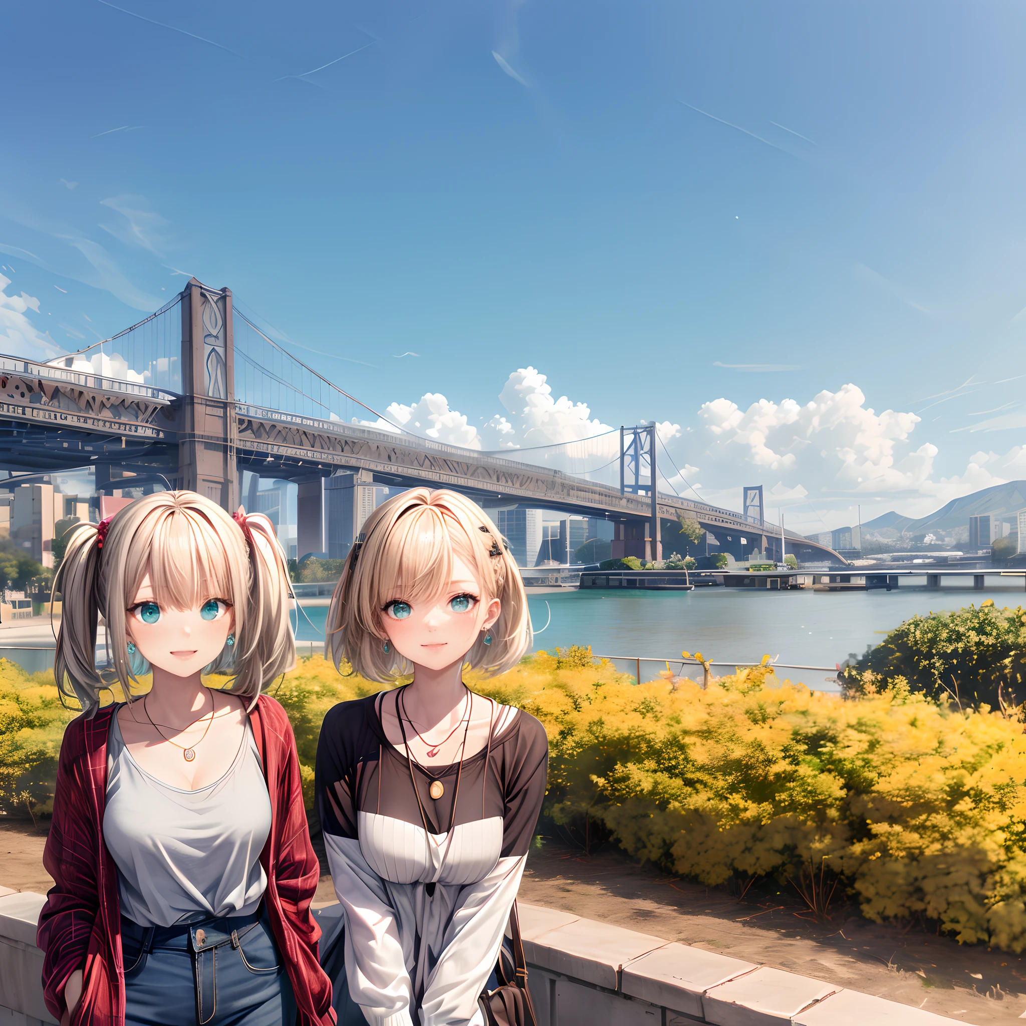 absurderes, ultra-detailliert,bright colour, extremely beautiful detailed anime face and eyes, view straight on, ;D, shiny_skin,25 years old, Short hair, , asymmetrical bangs, Blonde hair with short twin tails, Shiny hair, Delicate beautiful face, red blush、(Turquoise eyes), White skin, hair clips, earrings, a necklace, Cardigan, Clothes, Brown clothes,