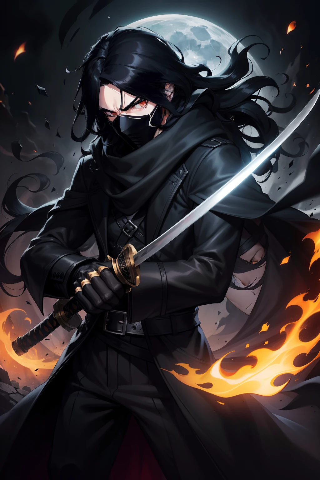 Black mask male character (long wavy hair),(black hair),(((black mask))),(heavy black scarf),(gas condition),(((black overcoat))),(moonlit night ),(tanned skin tone),(holding a katana),(8k pretty face),(ground),(spectators),(light environment),(fighting move),((speed)), hand drawn anime style hand, dynamic, full length, animation quality, ANIME icon, looking at camera from face, 8k, full length, best background, master piece, awesome titles, ultra hd|, insane title, perfect hands