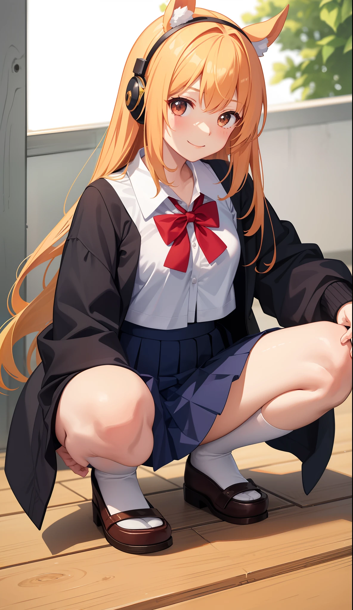 1girl in、AS-Adult、A smile、(Tsundere)、The shirt、skirt by the、(small tits)Chilarism、Japan High School Student Uniform、serafuku、summer clothing、(Sheer Bra)、Upper body portrait、horse ear(Uma Musume)、Squatting panchira、