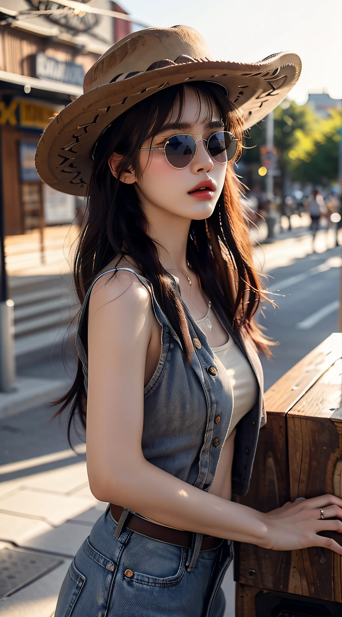 4K Ultra HD, Best quality, A girl, Good face, sun glasses, Detailed lips, Long hair, Straight hair, Wear denim, Cowboy hat, Blurred background, Relaxed atmosphere, Full body capture,