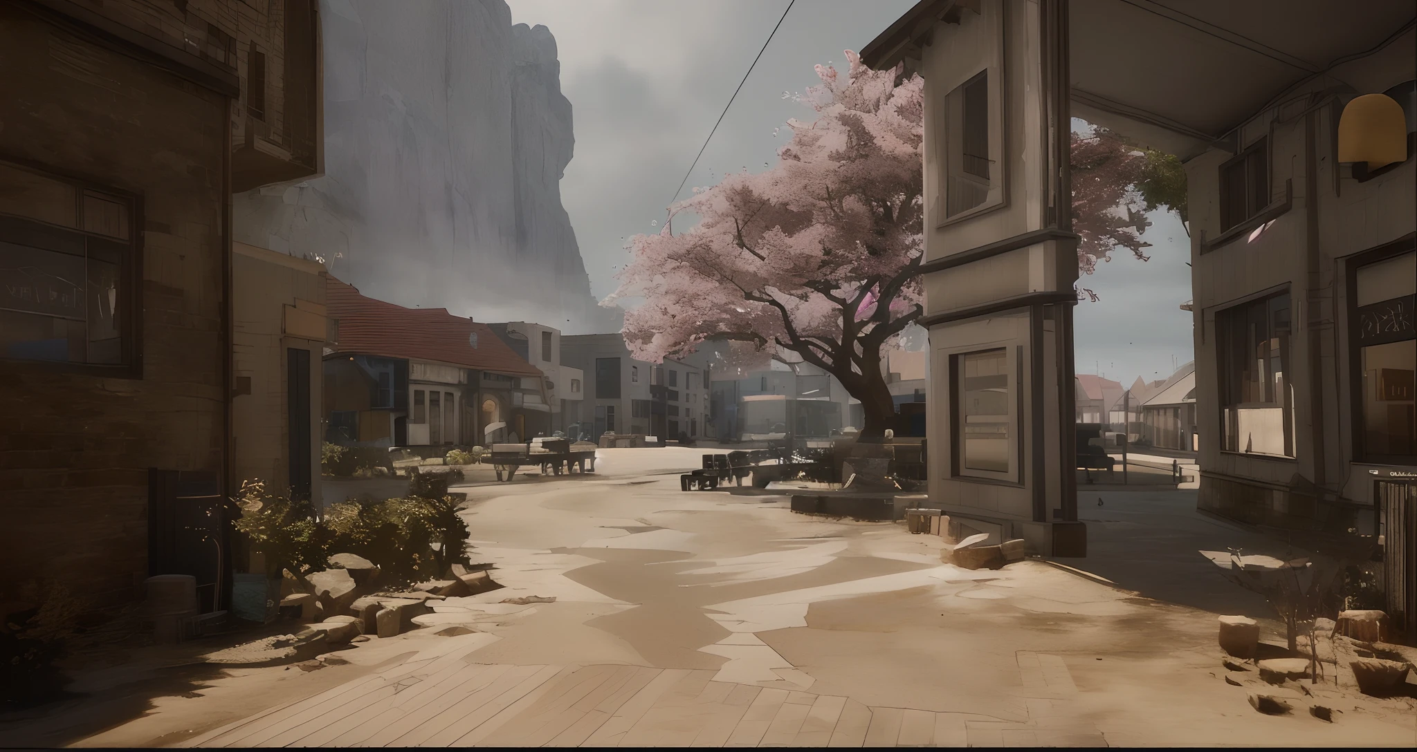 (small town, A tree in the middle, dusty unreal engine, render in unreal engine 5, Screenshot of Unreal Engine 4, (illusory engine), Amazing detail in Unreal Engine 6, unreal engine screenshot, Nostalgic movie stills, illusory engine. sigma 35mm, High rendering in Unreal Engine 5, Concept art rendered by Unreal Engine)