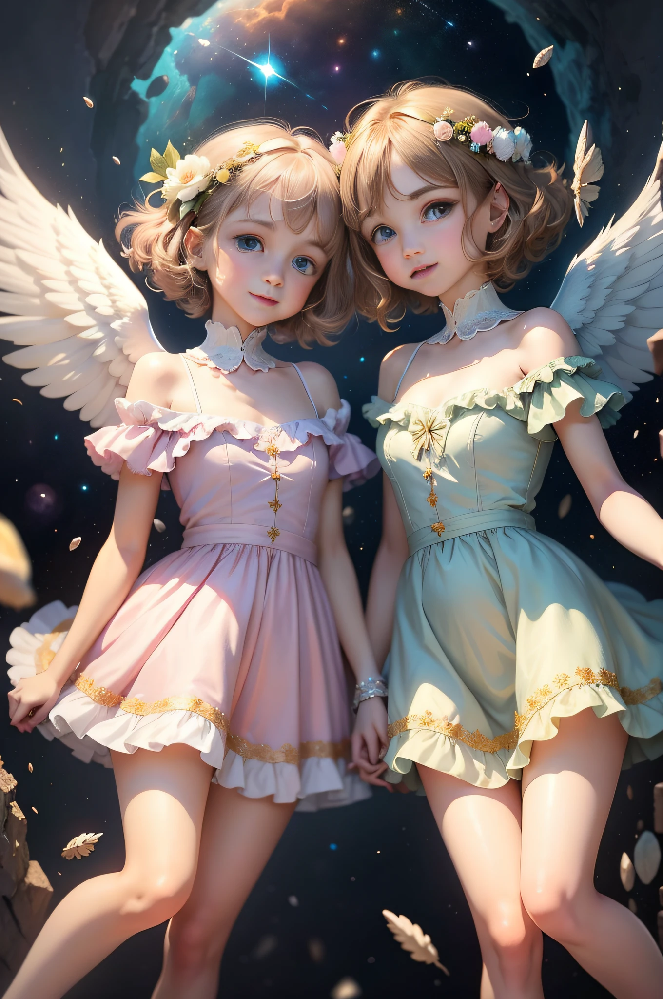 top quality, pastel painting, gentle atmosphere, twin girl angel, cute, white wings, smiling happily, brown short hair of different colors, one with blue eyes, one with green eyes, dresses of different colors, flower hair ornament, upper body, looking at the viewer, space, meteor, light,