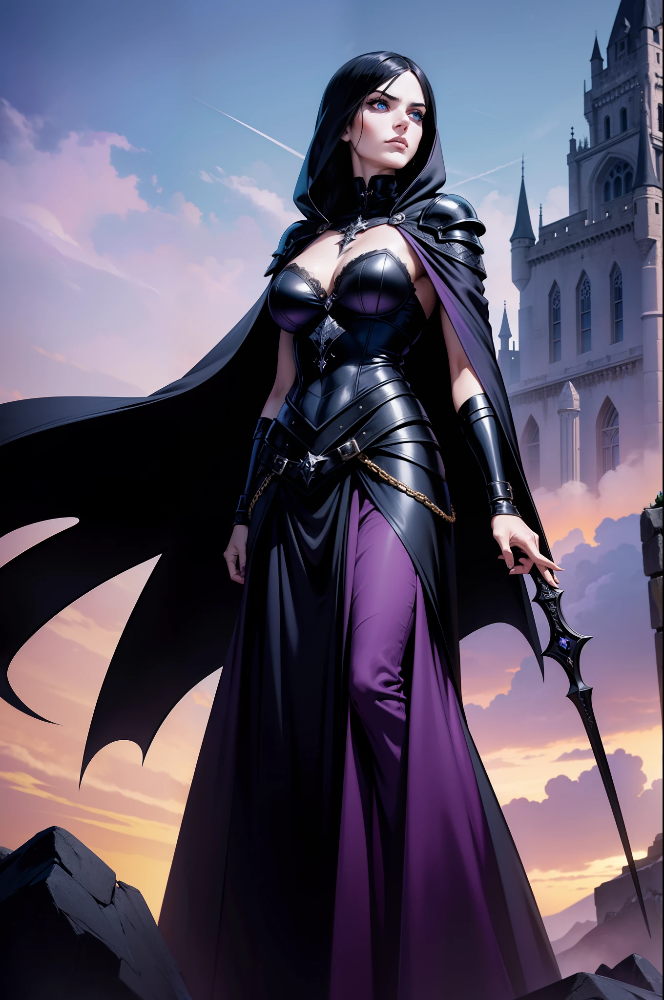 An adult female magician character wearing a hooded cloak and gothic armor with black details. Postura imponente, face with serious expression, hair in black color straight stuck, espada presa a cintura, hair in black color, livro preso a cintura, a remarkable beauty, Magnificent, blue eye color, Sky with magnificent clouds, torre de mago, castelo de magia, garments underneath the armor in purple color, arms crossed in an imposing pose and on top of a high rock