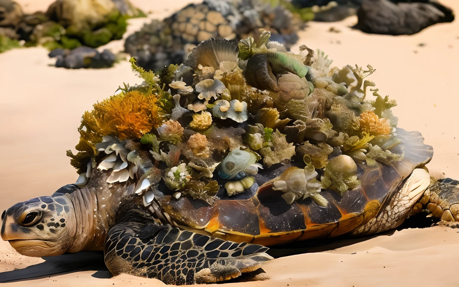 There is a turtle，There is a bunch of shells on the back, he is covered with barnacles, , Turtlen,, covered in coral and barnacles, Turtle Great leviathan turtle, Extremely detailed