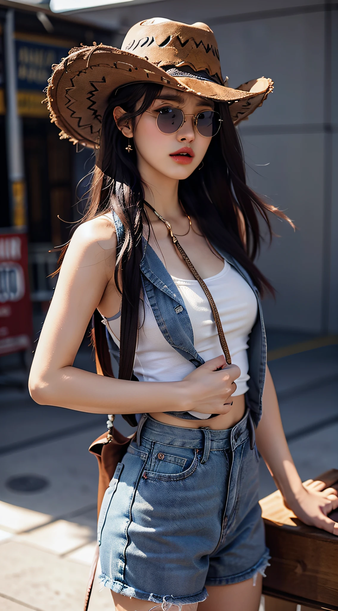 4K Ultra HD, Best quality, A girl, Good face, sun glasses, Detailed lips, Long hair, Straight hair, Wear denim, Cowboy hat, Blurred background, Relaxed atmosphere, Full body capture,
