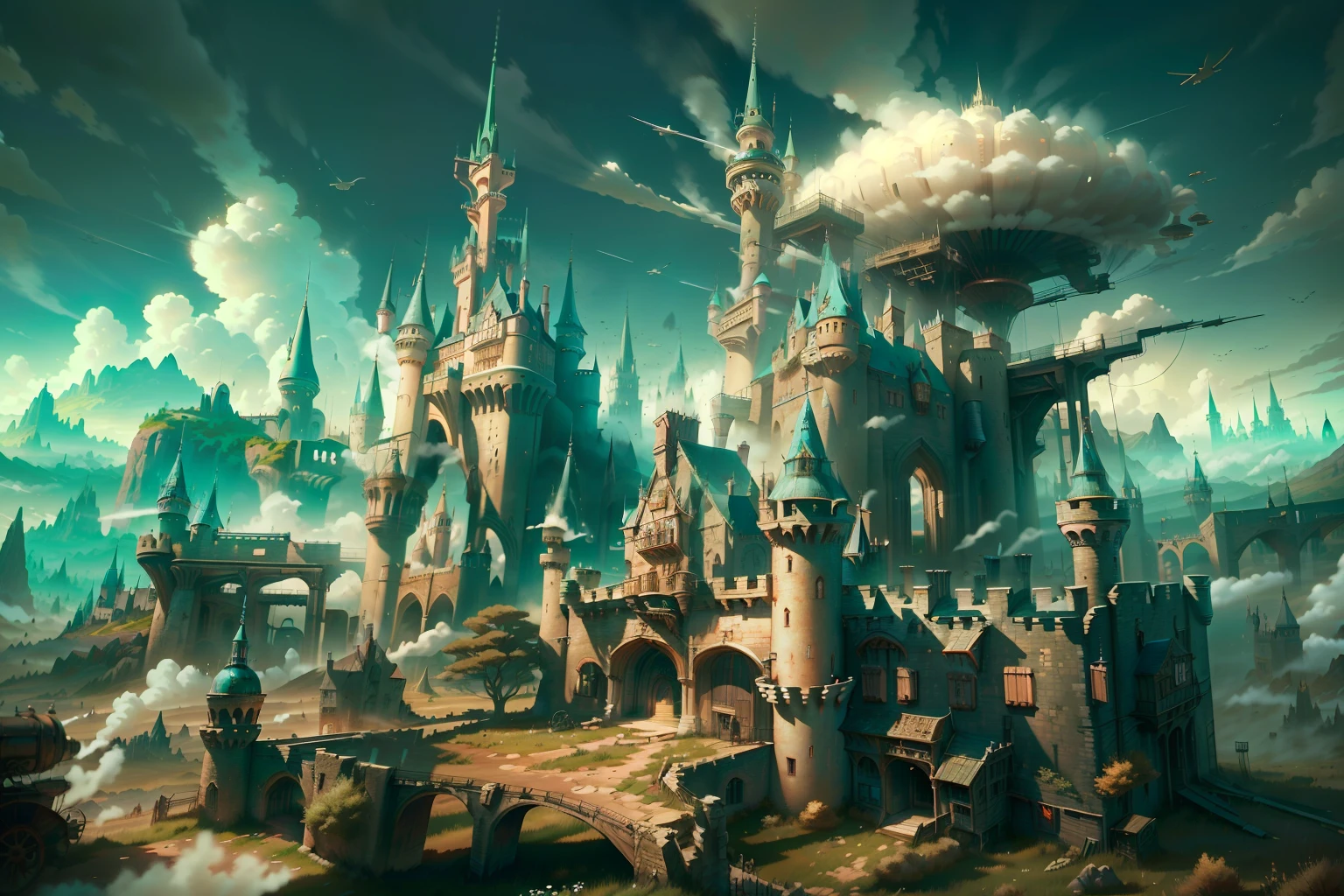 Aalfid view of the castle,Beautiful castle, beautiful render of a fairytale, like alice in wonderland, flying cloud castle, very far royal steampunk castle, photorealistic disney, Magical castle, in a castle on an alien planet, standing near a castle, abandoned castle in the sky