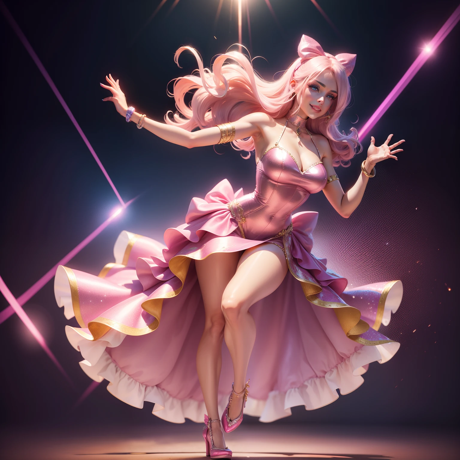 Barbie, ((Full body)), Blue eyes, Smiling face, Hair loss swaying in the wind, Hip Hop Singer Pose, Dressed in hip-hop style, Wearing a pink dress where sequins reflect light like sparkling mirror balls, With a pink bow on the arm, Fashion, Extremely high quality, high details, 8K, clean back ground, in studio, ((Full body shot)),Fingers are realistic,Accurate Hand Modeling,