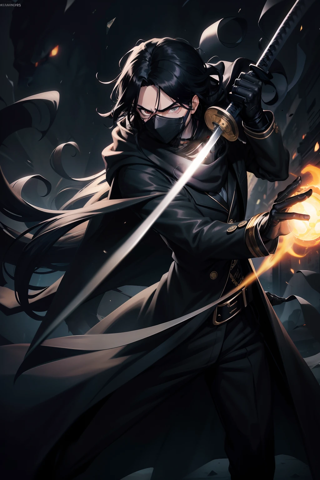 Black mask male character (long wavy hair),(black hair),(((black mask))),(heavy black scarf),(gas condition),(((black overcoat))),(moonlit night ),(tanned skin tone),(holding a katana),(8k pretty face),(ground),(spectators),(light environment),(fighting move),((speed)), hand drawn anime style hand, dynamic, full length, animation quality, ANIME icon, looking at camera from face, 8k, full length, best background, master piece, awesome titles, ultra hd|, insane title, perfect hands
