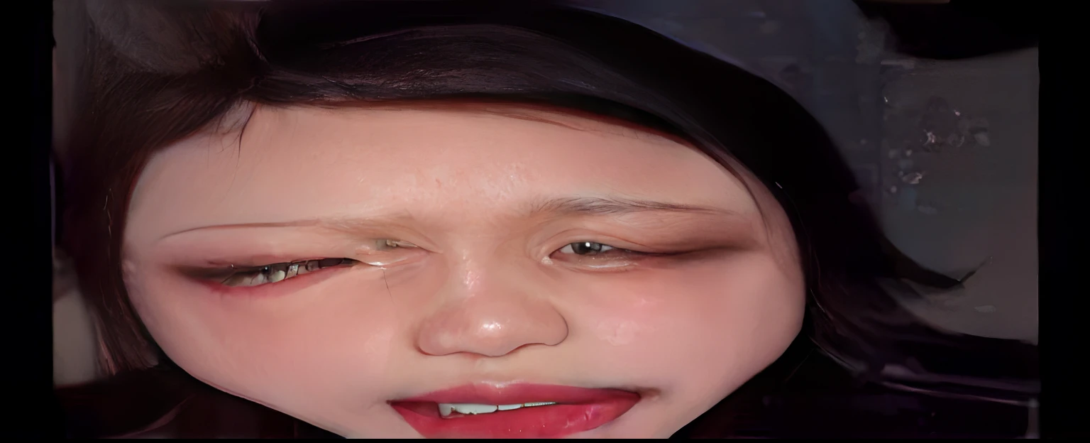 Close up portrait of woman with pink lipstick and black jacket, china doll face, beautiful crying! android woman, bite her lip, very very low quality picture, Crisp face, cruel korean goth girl, face like ester exposito, Asian Face, ahegao face, irelia, very very very beautifull face, Blurry faces