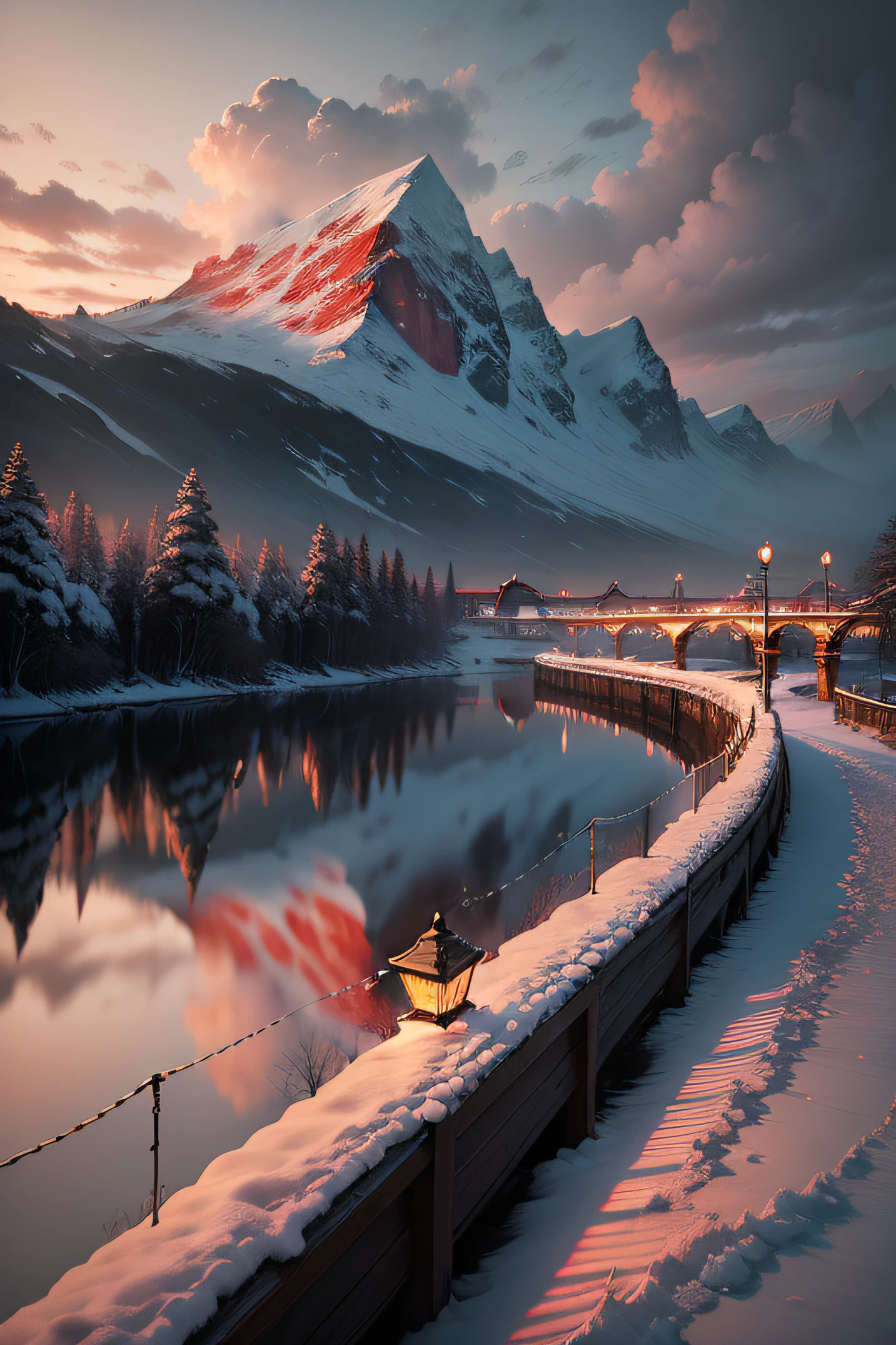 A beautiful painting, wide angle, on the sea, cloudy, snowy, red plum, morning, winter, fairy tale, hyperrealistic painting style, Hiroshi Sugimoto, Ayu, art station