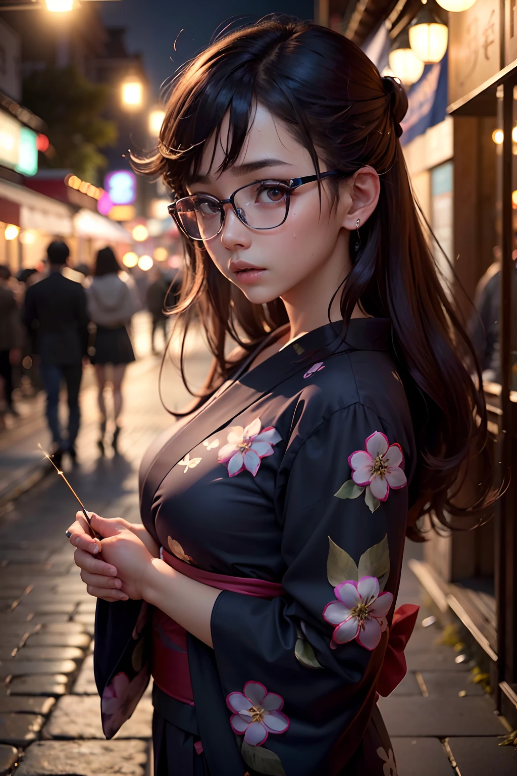 Raw photography, top-quality, masterpiece, extremely delicate and beautiful, ighly detailed, nffsw, Unity, 8K Picture Wallpaper, amazingly detail, detaile, masterpiece, top-quality, Official art, Highly detailed ticker Unity 8k wallpaper, ultra-detailliert, hight resolution, ighly detailed, Clair, Focus, (top-quality), (realisitic, Photorealsitic:1.5), 8K, Soft lighting, hightquality, lighting like a movie, 1girl in、notre dame、wears glasses、Under-rim glasses、Red-rimmed glasses、A dark-haired、long、Twin-tailed、Hair cuticle、Hair can make angel rings、very, very, Very big eyes、Black eyes、Glowing eyes that seem to have been sucked in、Troubled face、perspiring、Sweaty、Walking、Quiet personality、navy blue yukata、Hydrangea pattern yukata、moderate breast、Tense udder、takeout、natta、Autumn Festival、Shrine in the background、sparklers