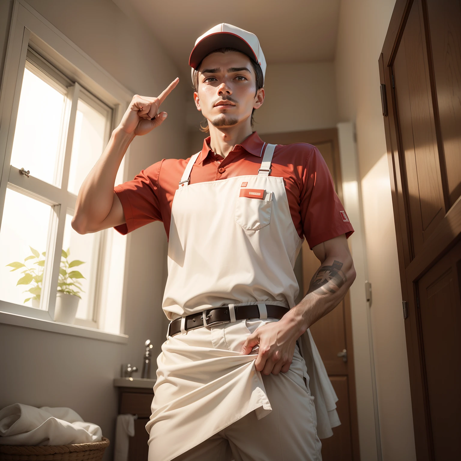 Cleaner guy showing index finger