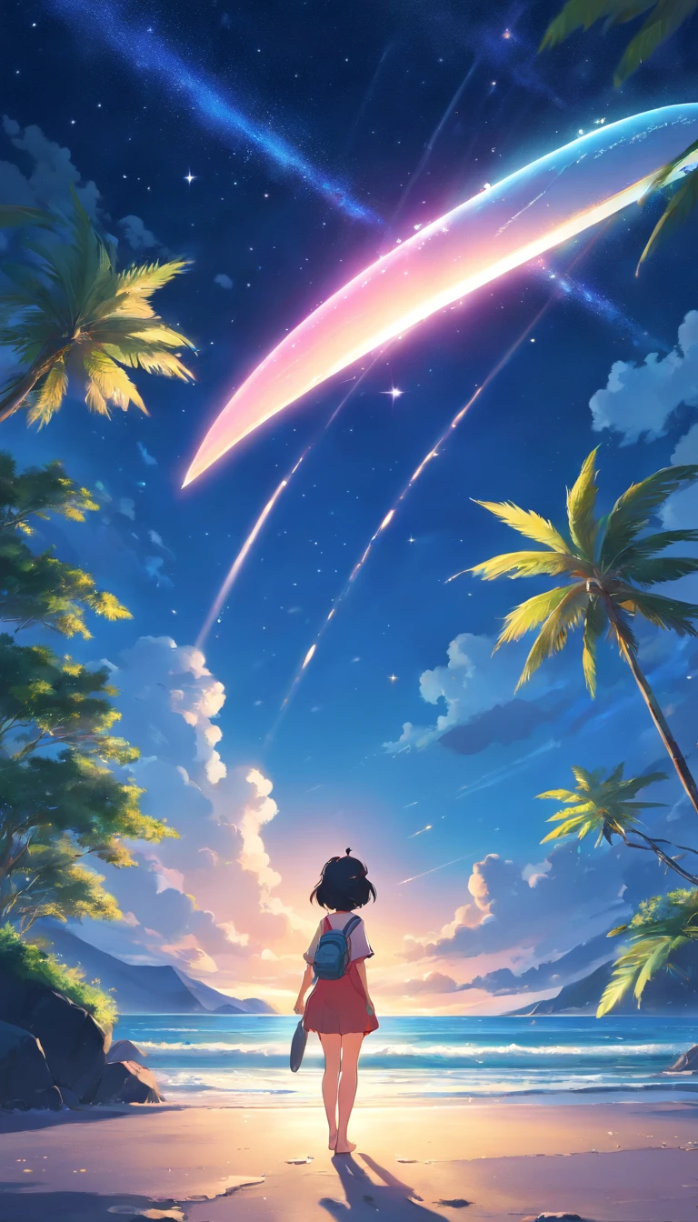 tmasterpiece, best qualityer, cinematic Film still from, 1panda, Panda Cloud, Surf in the sea, brightly, cheerfulness, Soft lighting and warmth, natta, Panda in forest looking up at the stars,Turn your back to the stars, Starry sky, (spark of light: 0,7)