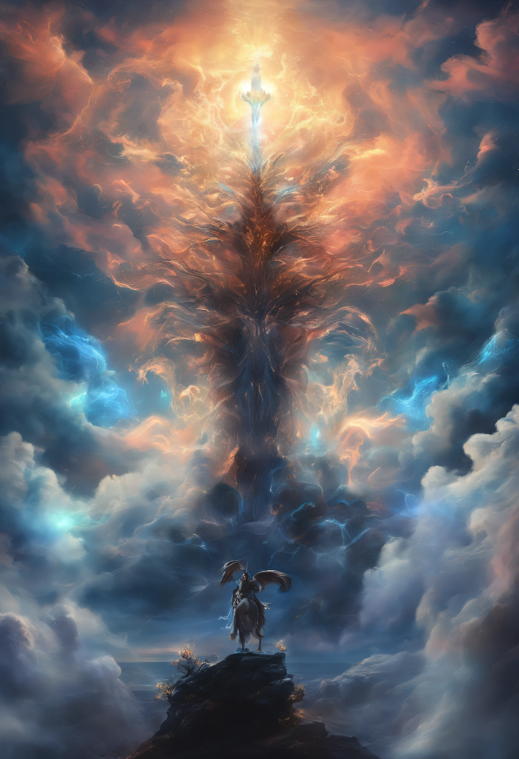 （Legendary artwork），（Running unicorns），Blue-black body，fluorescence，rendering by octane：1.5，in a cloud，Faraway view，Ultra-clear image quality，No characters，（Cloud effects：1.5），（Lightning effects：1.5），（Water vapor effect：1.5），super detailing，8K，official works
