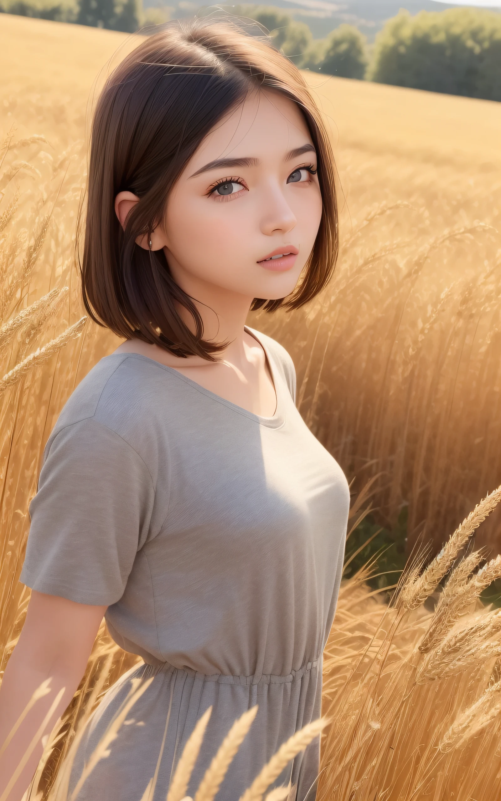 ((The highest image quality, 8K, masterpiece:1.3)), (Photo Real:1.4), (hyper realisitic:1.4), (realisitic:1.3), Soft light, professional lighting, 1 Beautiful girl、22 years old, neat and clean beauty, cute:1.3, girly, looking away, Realistic face, brown hair, Beautiful short hairstyle, detailed eyes, A slight smile, turn pale, Rustic farm with rolling fields of golden wheat,