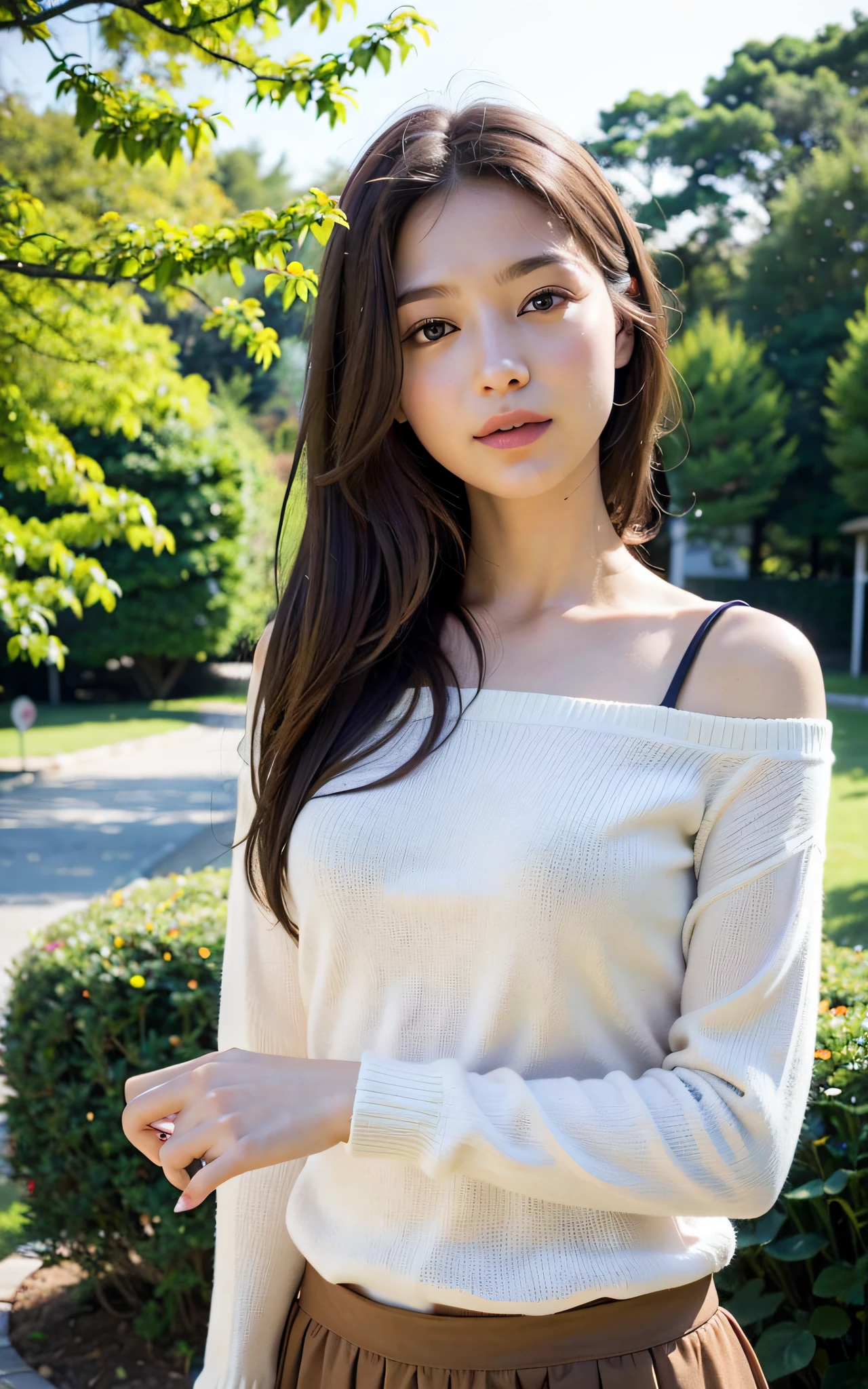 (Raw photo, Best Quality), (Realistic, Photorealsitic:1.3), masterpiece, Extremely delicate and beautiful, Soft light, (Brown hair, sway in the wind shoulder length straight hair), Beautiful detailed girl, (Detailed fingers), extremely detailed eye and face, beautiful detailed nose, Beautiful detailed eyes, 1 girl, Japanese, Neat and clean beauty, Cute, young, Smile, sweater, skirt, (Half body:1.3), (medium breasts), Realistic face, Realistic body, Outdoors