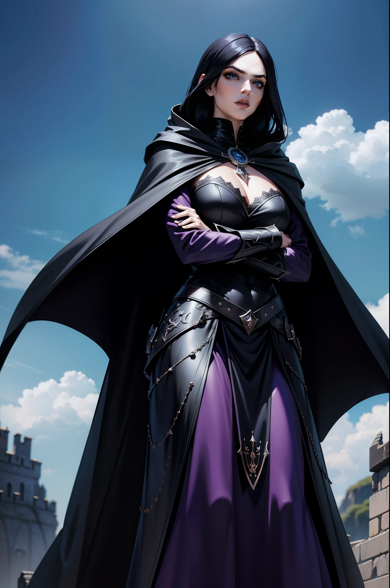 An adult female magician character wearing a hooded cloak and gothic armor with black details. Postura imponente, face with serious expression, hair in black color straight stuck, espada presa a cintura, hair in black color, livro preso a cintura, a remarkable beauty, Magnificent, blue eye color, Sky with magnificent clouds, torre de mago, castelo de magia, garments underneath the armor in purple color, arms crossed in an imposing pose and on top of a high rock,