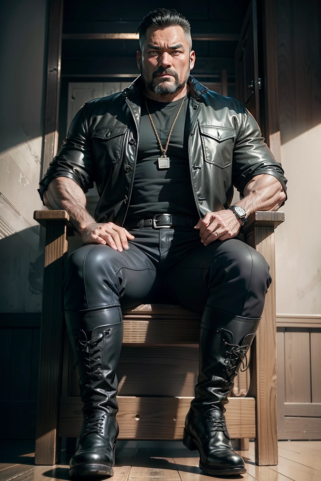 45-year-old middle-aged man,Man,uncles,Height 195,Asian people,seated on a throne,God perspective,The eyes are about to face each other,Chinese men,musculature,Lift one foot,Wears a long black trench coat,Black socks,Black tall riding boots,Wear riding boots,wearing military shoes,Black riding boots,Ferocious and ferocious,Prison background,Rope in hand