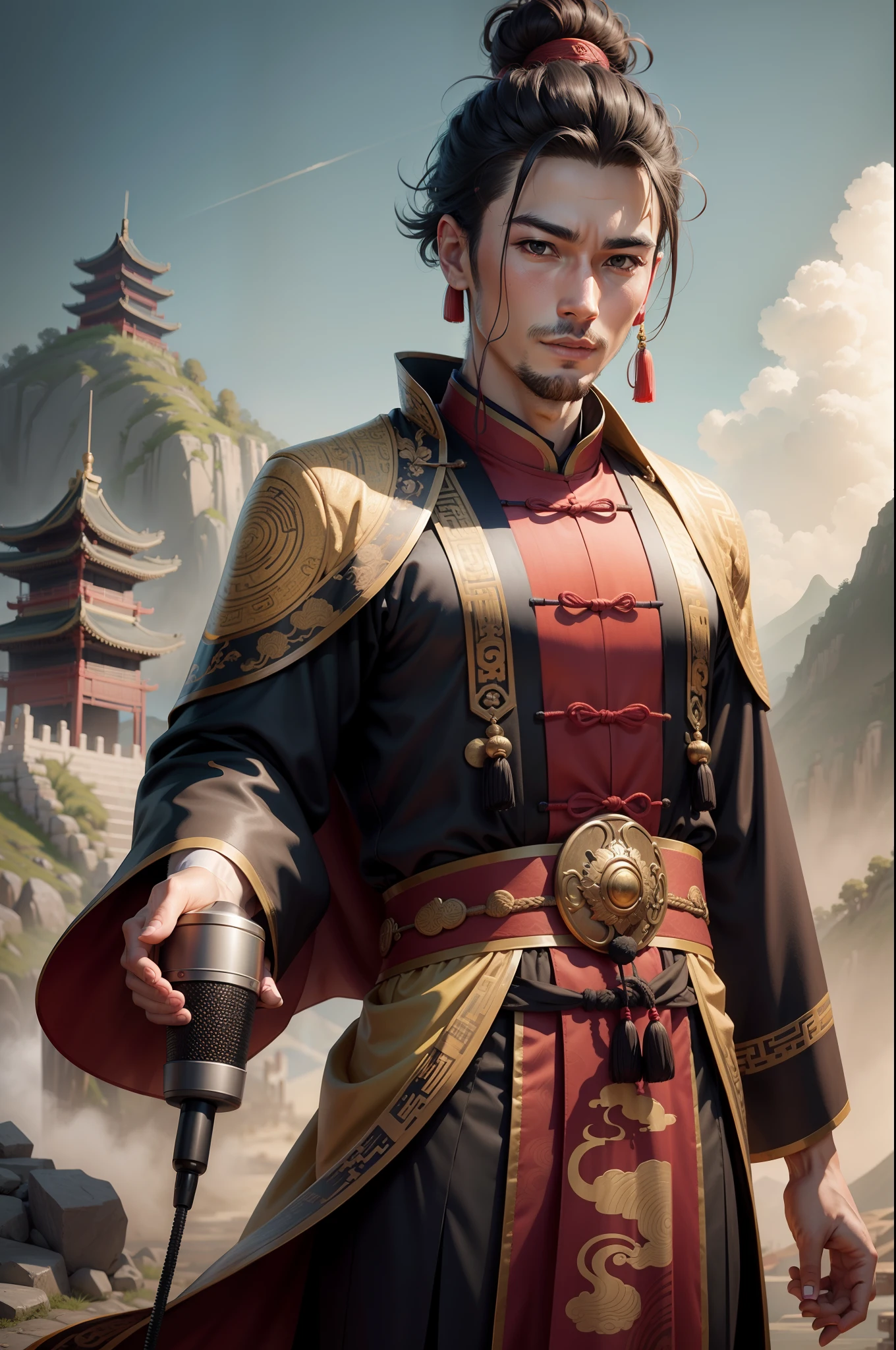 Costume male host holding microphone speaking landscape background ancient China