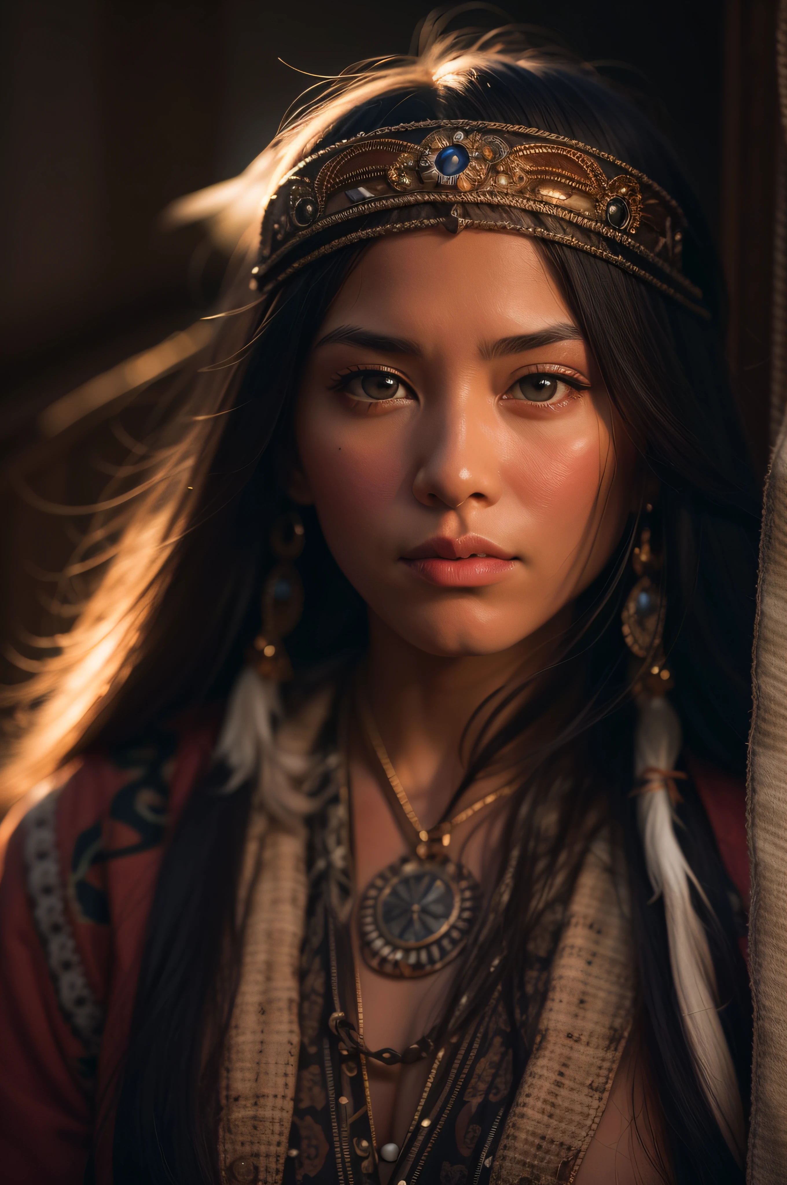Photograph of native american woman staring at camera, Pay close attention to the detail in her eyes, young woman, attractive woman, beautiful woman, black hair, big headdress, high angle photo, golden hour light, full body shot, 200mm lens, f2. 8, 1/ 2000, very fast shutter, canon r6, Half rear Lighting, Backlight, Natural Lighting, Optical Fiber, moody Lighting, Cinematic Lighting, Soft Lighting, Volumetric, white balance 5700k, 8k px