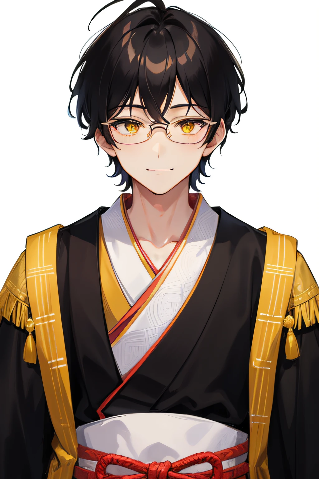 1 boy, handsome, blackhead,M bangs, comma hair, comma hair on forehead, Korean hair, wear round eye glasses, Wear a traditional japanese coat on white background, yellow eyes, smiling and looking at the audience, upper body,; A handsome blackhead with distinctive comma hair and Korean style, wearing a traditional japanese coat, stands against a bright white background with his golden eyes watching the audience