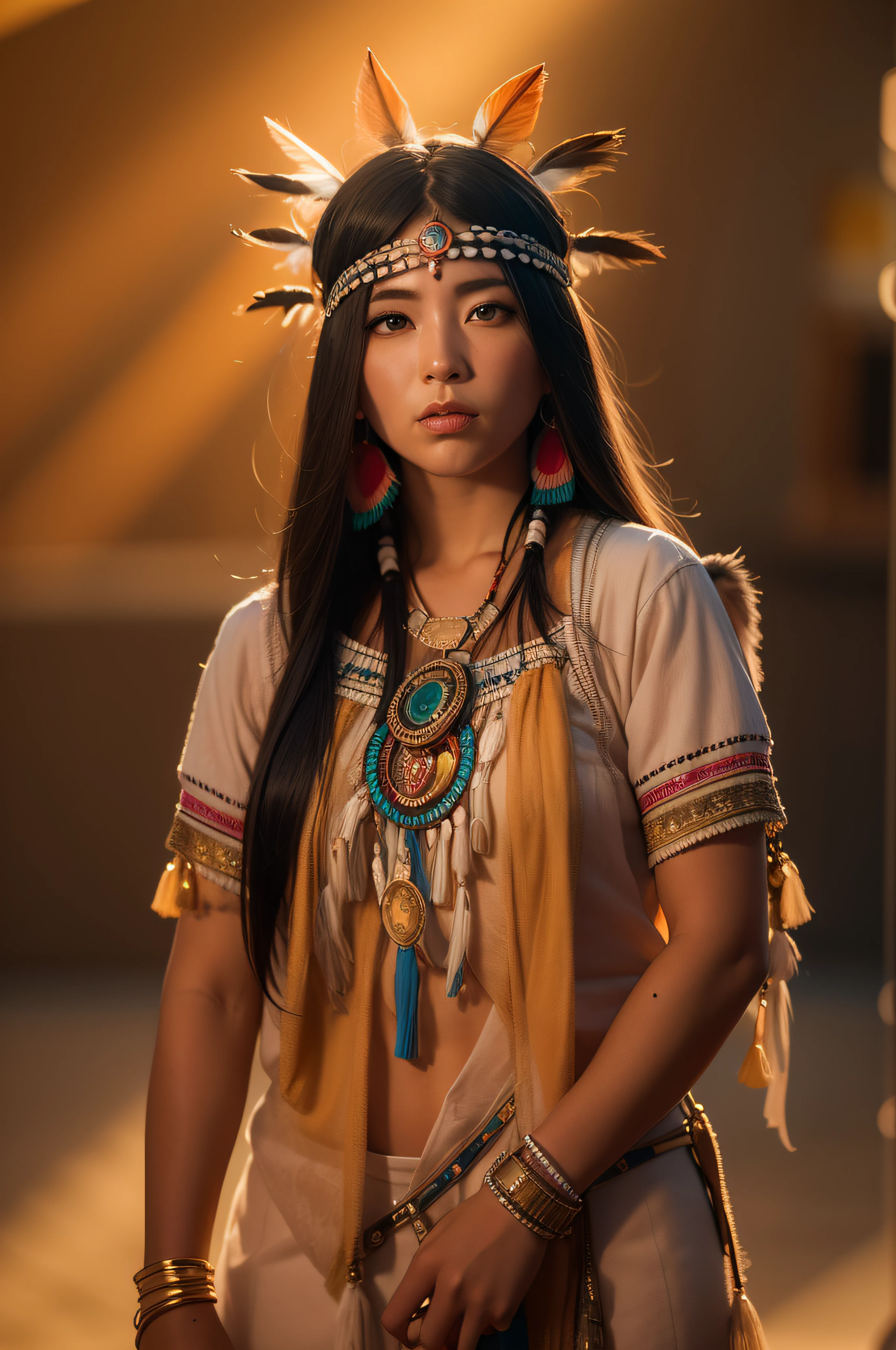Photograph of native american woman staring at camera, Pay close attention to the detail in her eyes, young woman, attractive woman, beautiful woman, black hair, big headdress, high angle photo, golden hour light, full body shot, 200mm lens, f2. 8, 1/ 2000, very fast shutter, canon r6, Half rear Lighting, Backlight, Natural Lighting, Optical Fiber, moody Lighting, Cinematic Lighting, Soft Lighting, Volumetric, white balance 5700k, 8k px