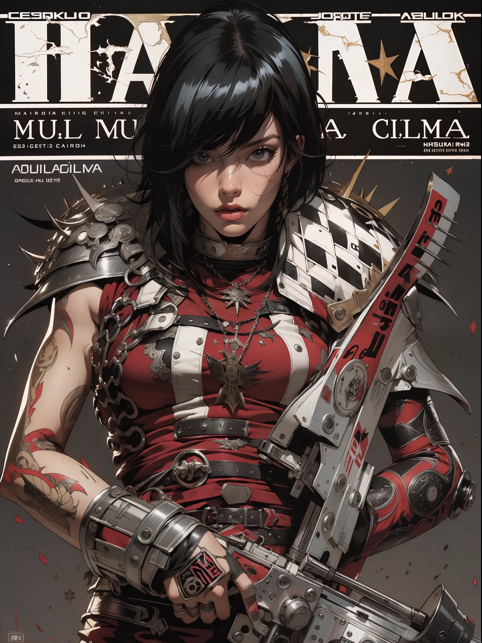 (((mulher))), (((melhor qualidade))), (((obra prima))), (((adulto))), (((1girl))), ((( corte de cabelo bob ))), Uma gladiadora cyberpunk mulher de 25 anos com corpo perfeito, shoulder pads with metal spines, Gladiadores do Brooklyn, (( corte de cabelo bob )), tiny leather panties, camiseta de time de rugby rasgada, quase nua no estilo selvagem urbano de Simon Bisley para a capa da revista Heavy Metal, Cabelo loiro curto, Minimum clothing, Metal protection on the left arm with intricate graphics, Dark red with white stars and black and white checkerboard pattern, armadura, cheio de pontas e rebites, (((do joelho pra cima))), cabelos loiro branco curto, no fundo uma parede pintada por Shepard Fairey com um design intrincado