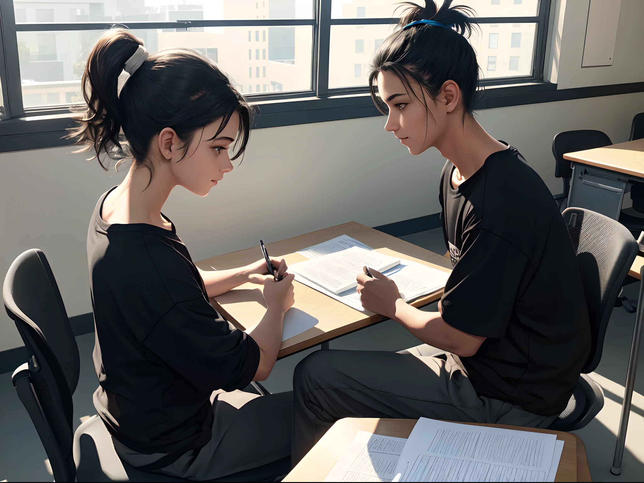 black tshirt, black joggers, baggy pants, grey shoes, black hair, high ponytail, dark brown eyes, in a college class , sitting on seat, class room, windows, fans, whiteboard, writting, looking down, working , shinny hair, shinny eyes, sun lighting, rim lights, sparkles, shinny eyes, perfect hands, perfect detailed face, detailed background,side view, solo, bloom,cool, bright colours, shinny , 2 arms,side lighting, solo,single person, masterpiece, high quality, messy hair, light smile, writting, sitting on seat, sitting on desk , books on table, pen in hand