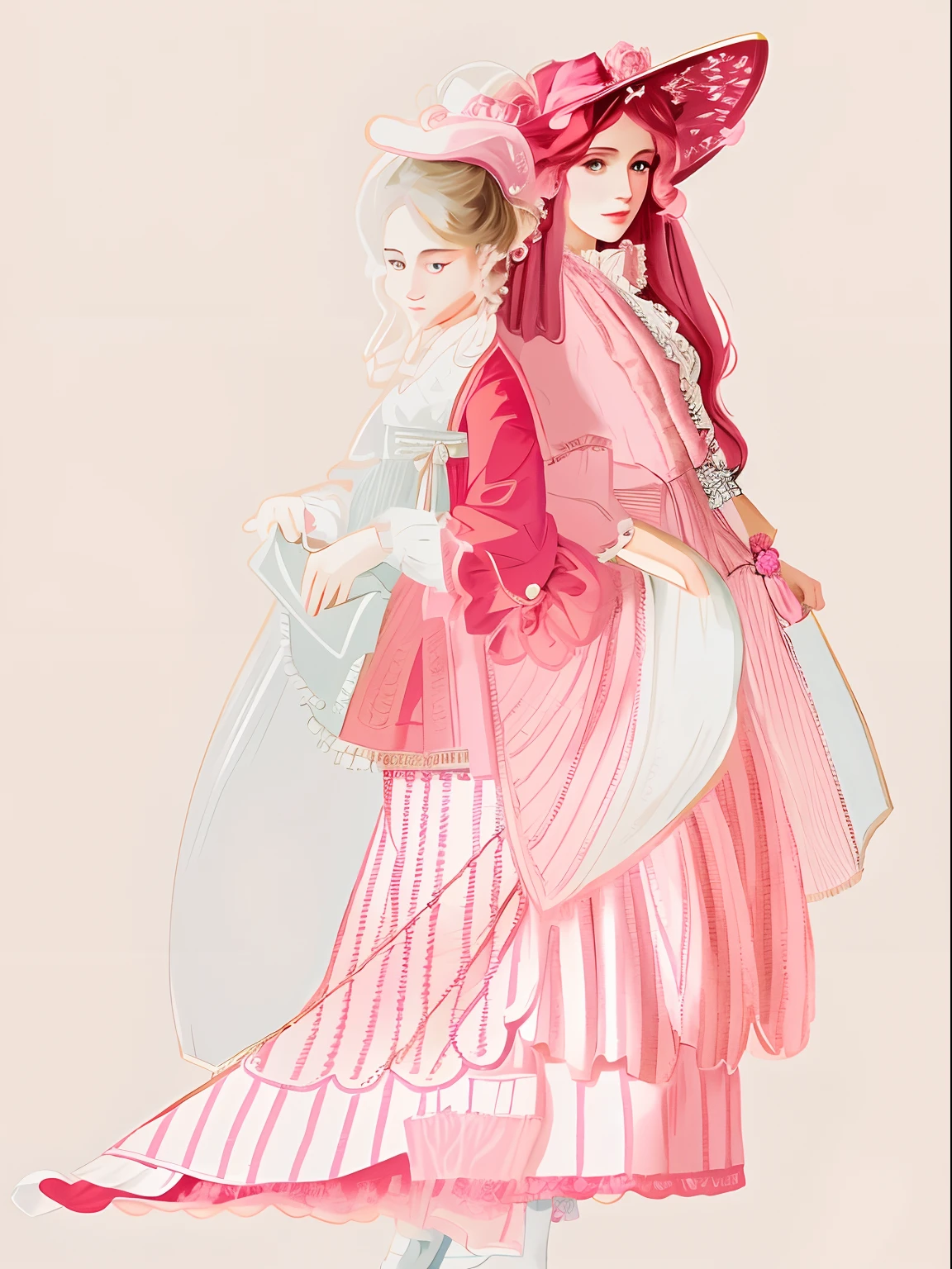 There is a painting,The painting shows a woman in a pink dress and hat, in a red victorian era dress, Victorian ladies, in a fancy dress, standing with a parasol, wearing a pink dress, dressed in a frilly ((Ragged)), in a fancy elaborate dress, inspired by William Mustart Lockhart, wearing victorian clothes, old timey, wearing fancy clothes