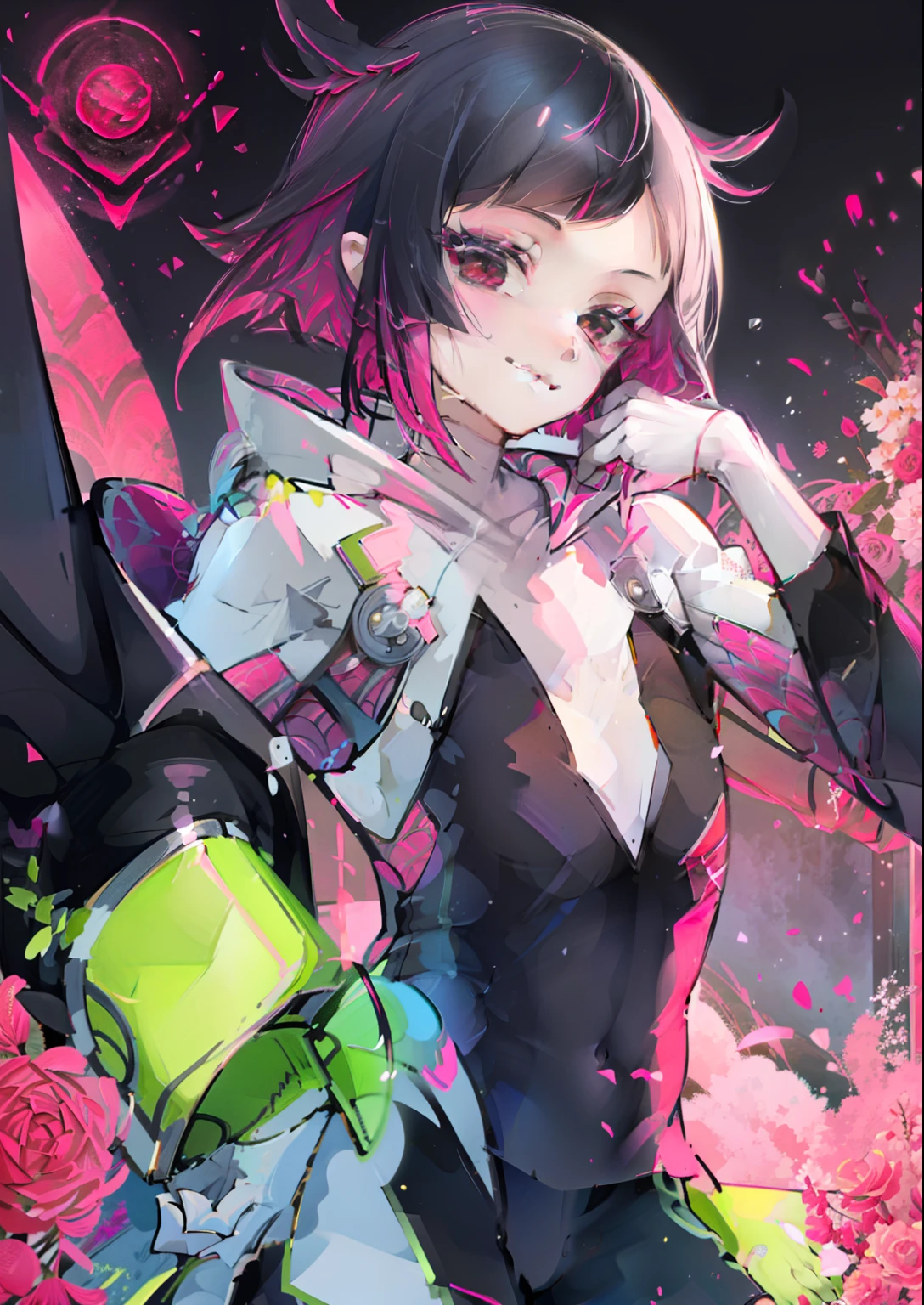 ((1Boy, Lilia Vanrouge, Black hair, pink streaks)) (digital) (standing, in detailed bridge, (hooded bodysuit)) , best quality, spidergwen,