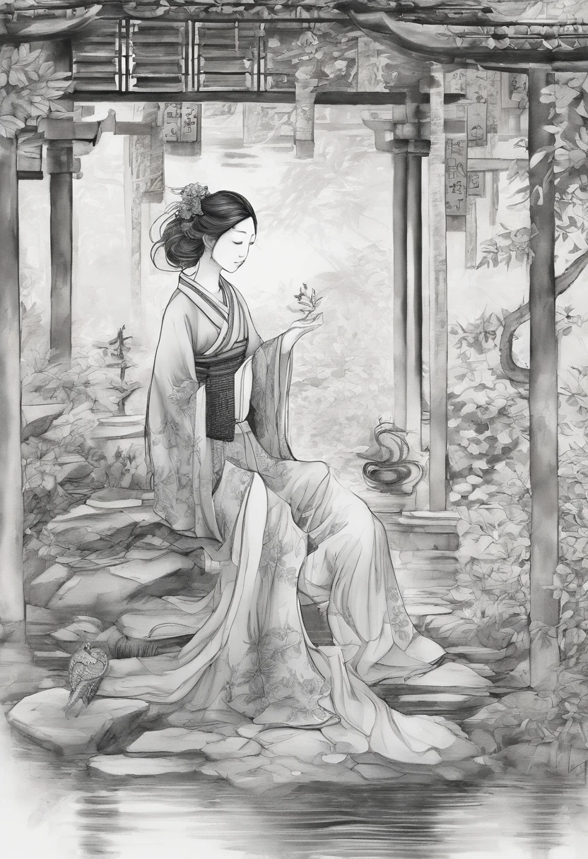 A girl in a Chinese garden,watercolor painting,lush greenery,delicate flowers,serene atmosphere,light and shadow,masterpiece:1.2,ultra-detailed,realistic:1.37,vivid colors,soft natural light,beautiful detailed eyes and face,flowing traditional dress,peaceful gaze,2 girls laughing,bridges over tranquil ponds,ornate pagodas,towering bamboo,crimson koi fish swimming in pond,decorative stone pathways,small stone sculptures,zen garden with carefully raked sand,traditional Chinese architecture,subtle traditional music playing in the background