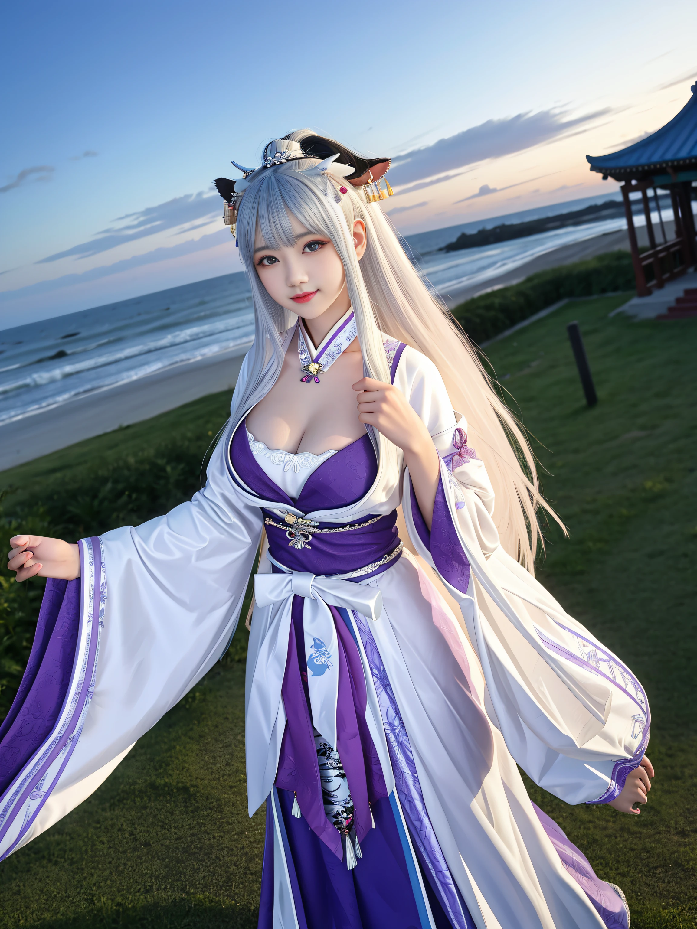 1girll,独奏,White hair,liquid hair,Long hair,are standing,liquid clothes,wedding gown,,Mare,Large breasts,Eau,are standing,Raised by himself,cleavage,cow boy shot,blue-sky,wave,brunette color hair,s girl,a purple eye,Iris hair ornaments,Iris,ssmile,独奏